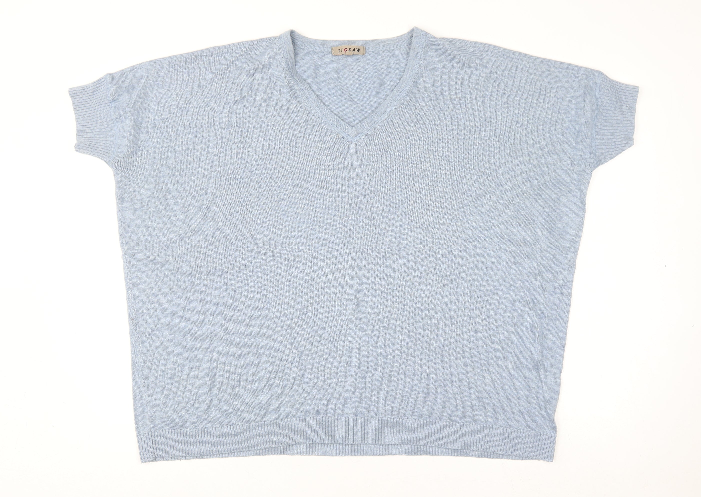 Jigsaw Women's Blue Knit V-Neck Short Sleeve Wool Blend Top M