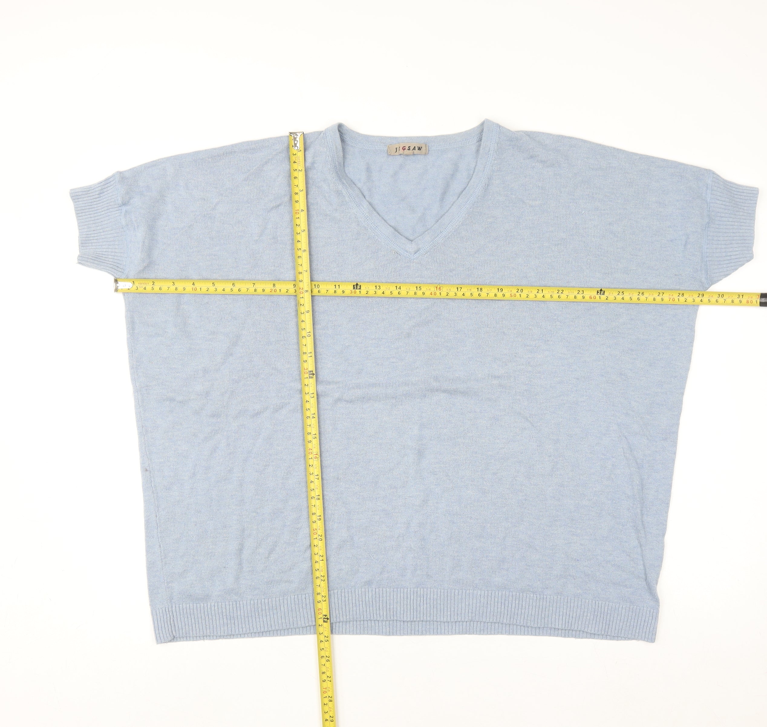 Jigsaw Women's Blue Knit V-Neck Short Sleeve Wool Blend Top M - Image 2