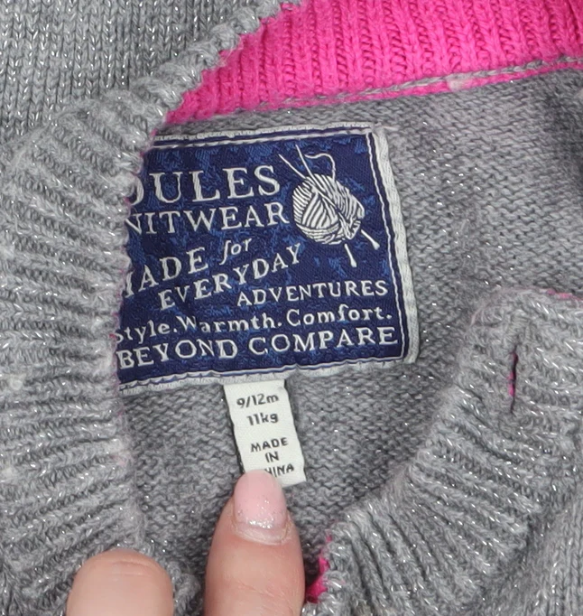 Joules Girls Grey Penguin Jumper 9-12 Months Cotton Wool Knit Winter - Image 4