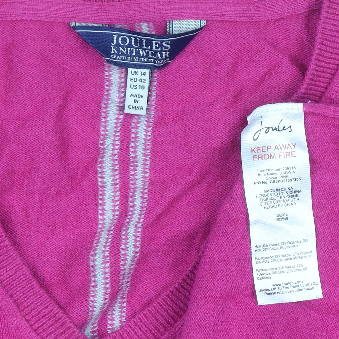 Joules Women’s Pink V-Neck Knit Jumper UK 14 Classic Fit Long Sleeve - Image 4