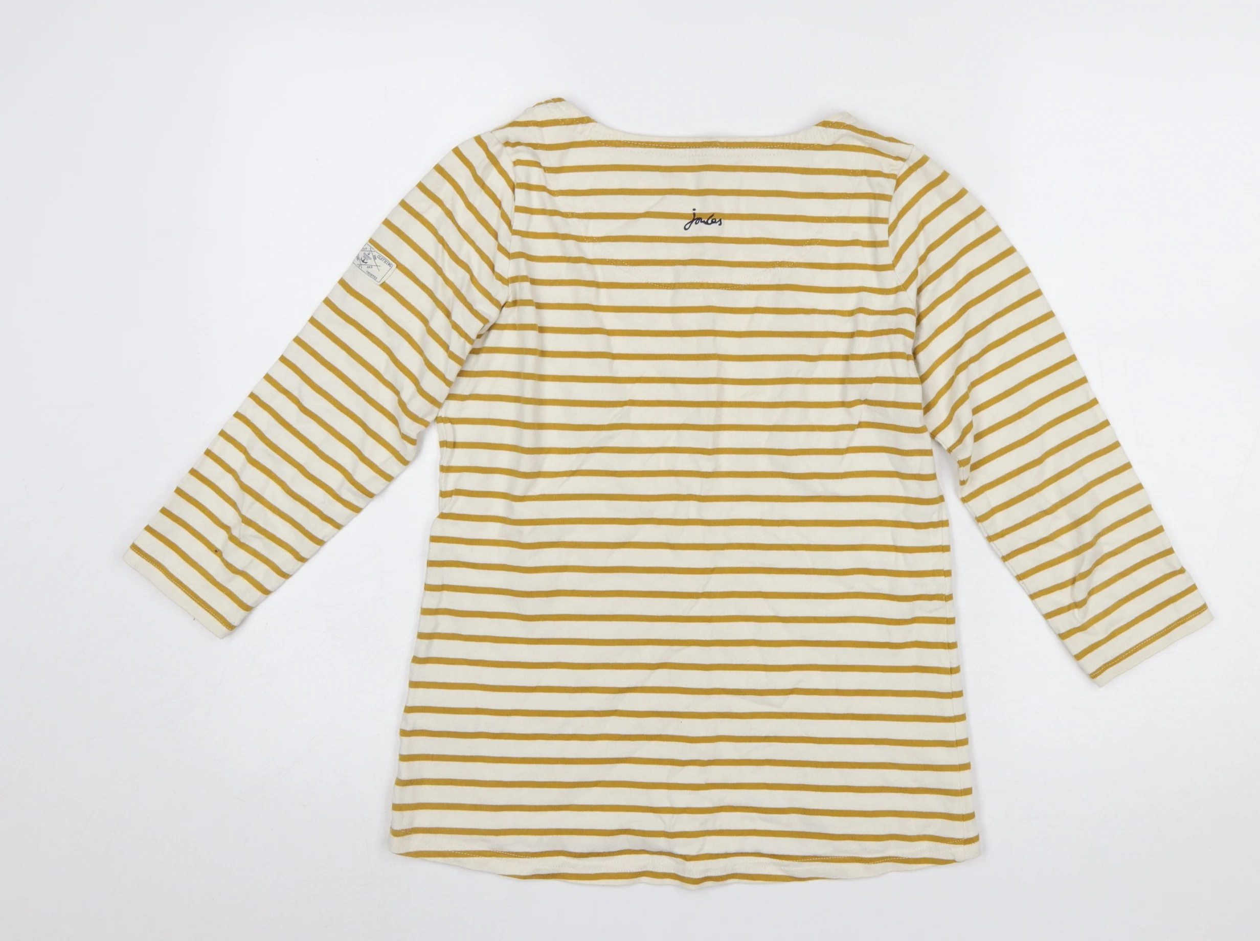 Joules Womens Yellow White Striped 3/4 Sleeve Cotton Boat Neck Top Size 8 - Image 3
