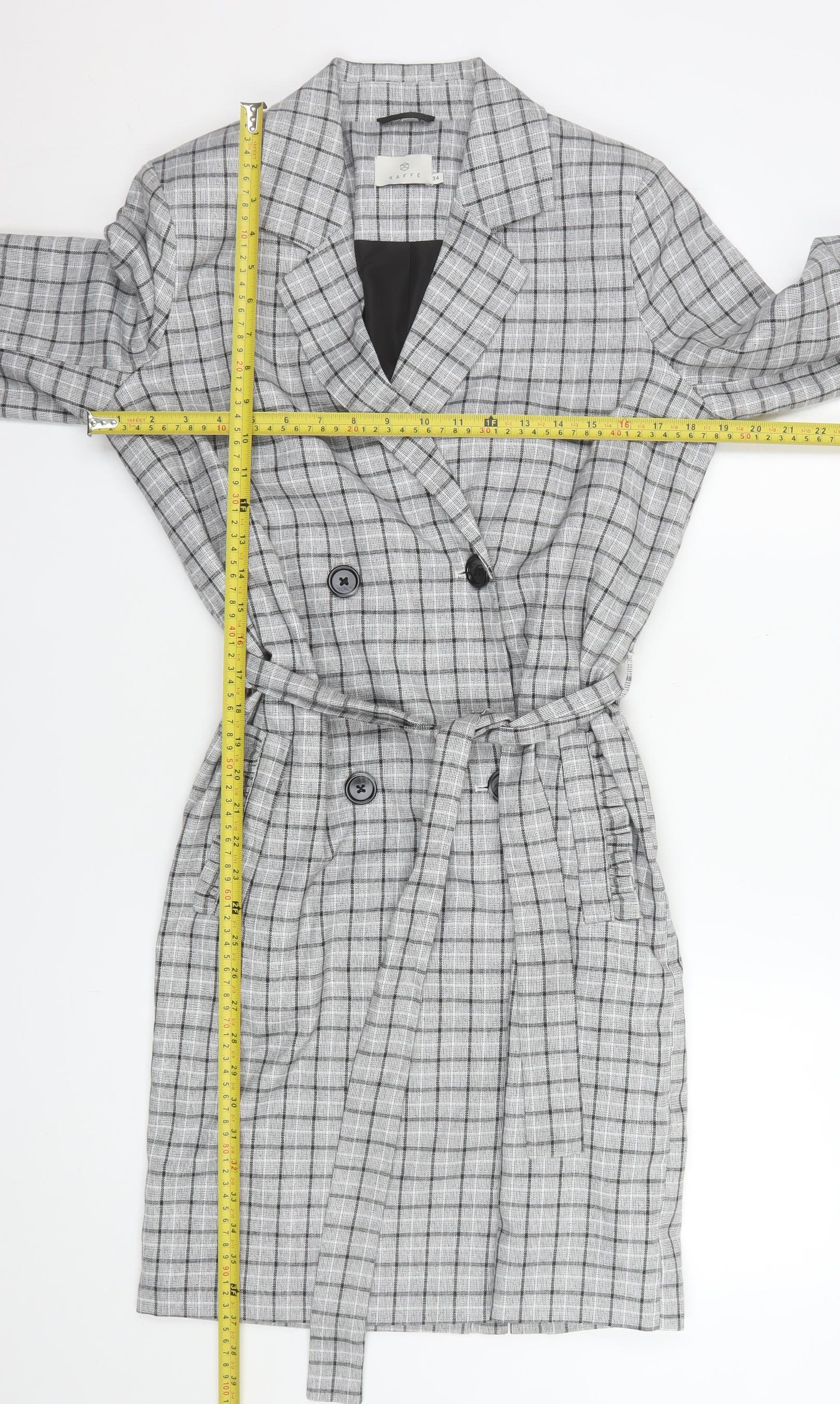 Kaffe Women Grey Check Belted Trench Coat Size 6 - Image 2