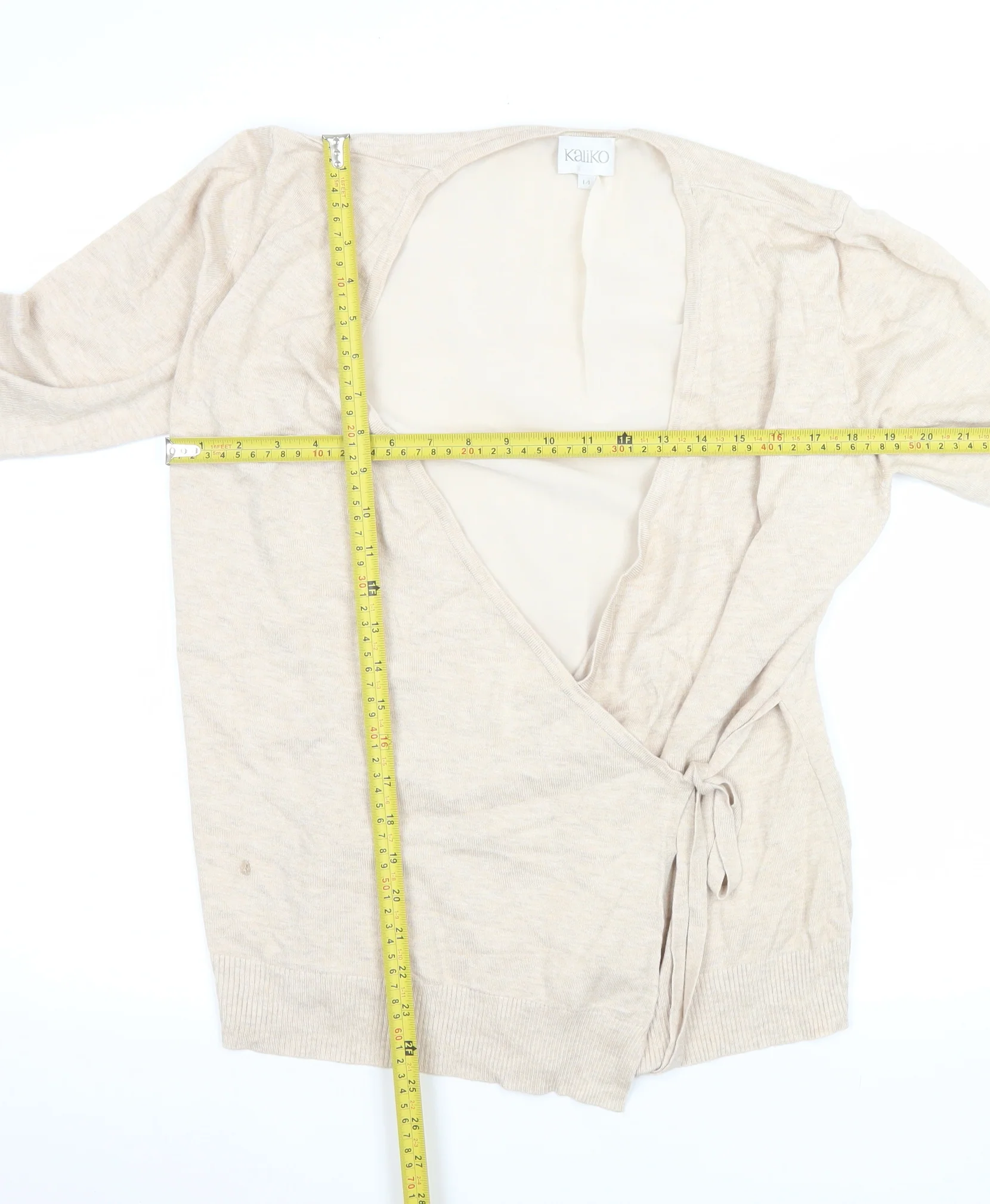 Kaliko Women Beige Wrap Tie Knit Cardigan Size 14 - Image 2