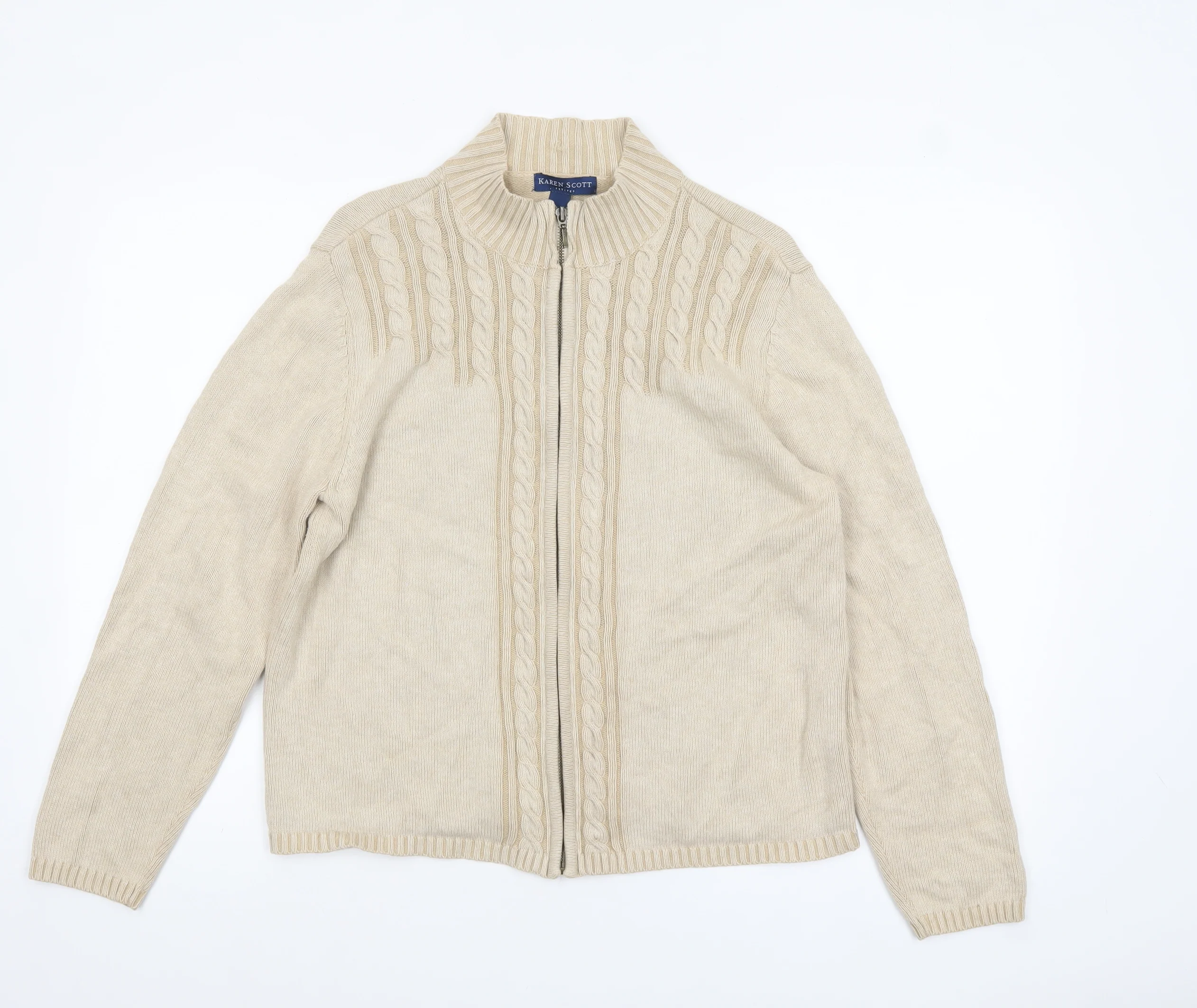 Karen Scott Women’s Beige Cotton Cable-Knit Full Zip Jumper L Petite