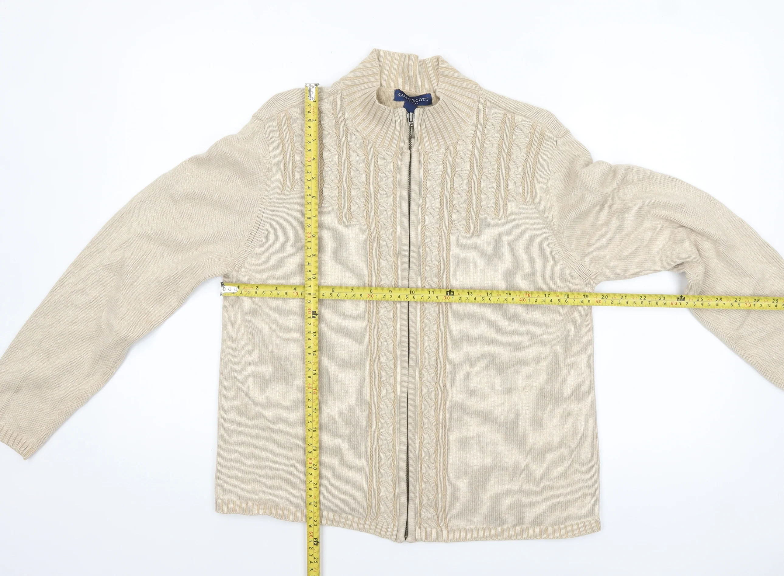Karen Scott Women’s Beige Cotton Cable-Knit Full Zip Jumper L Petite - Image 2