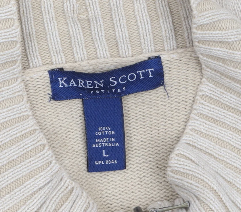 Karen Scott Women’s Beige Cotton Cable-Knit Full Zip Jumper L Petite - Image 4