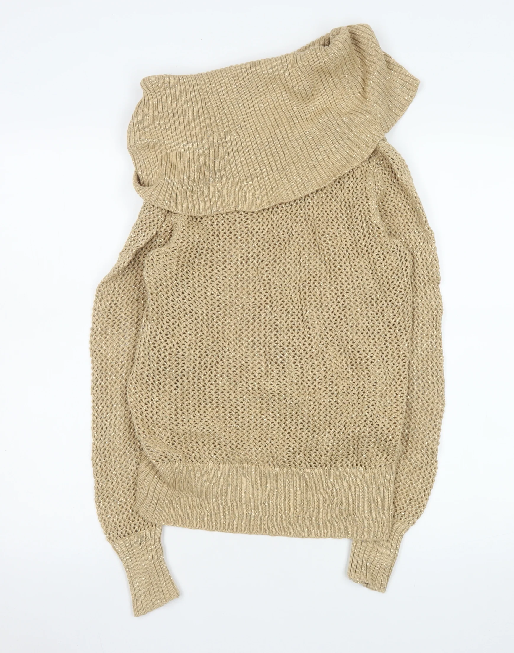 Kathryn C Womens Beige Cowl Neck Open Knit Pullover Jumper Size M - Image 3