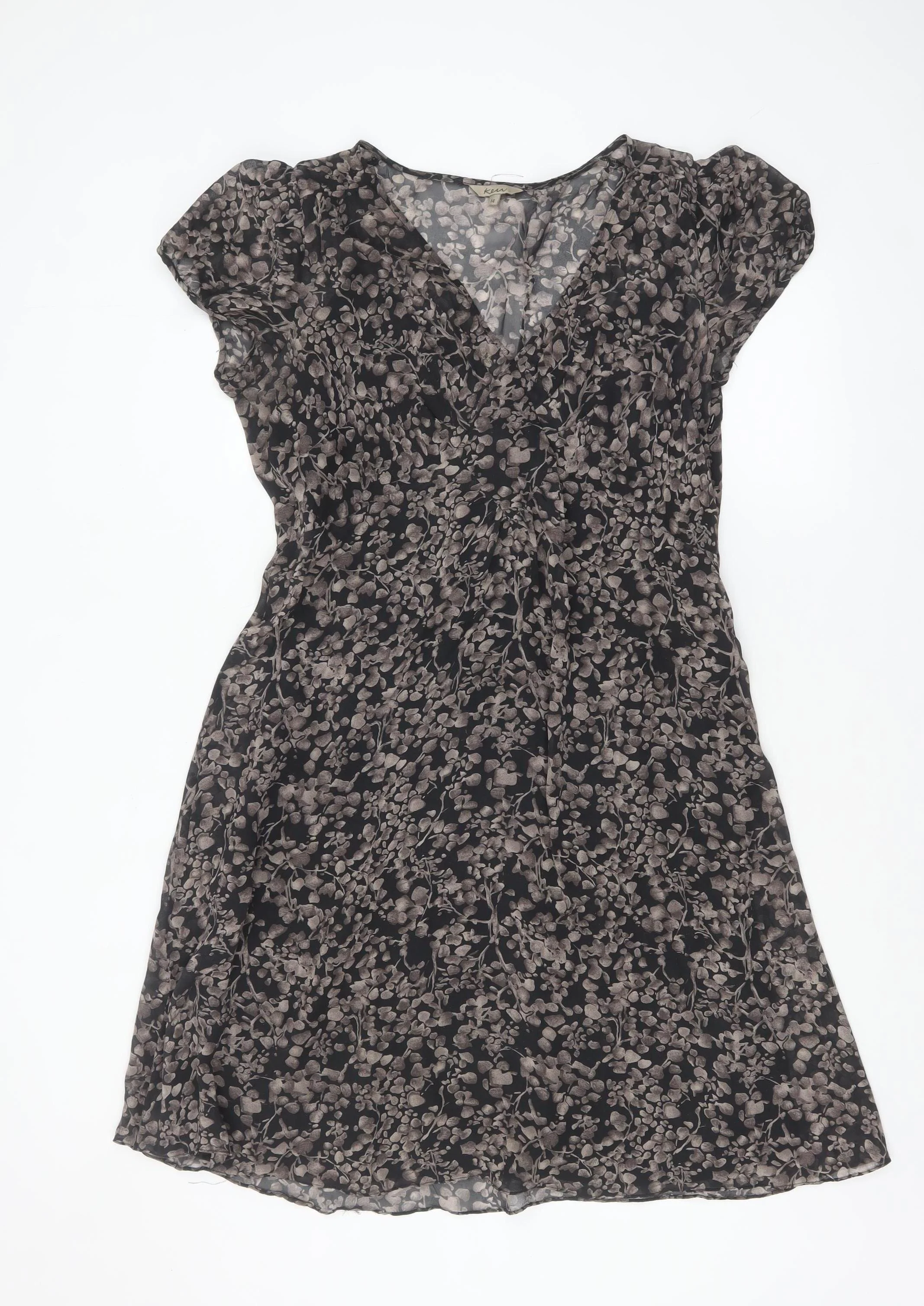 Kew Women’s Black Floral Silk A-Line Short Sleeve Dress Size 14