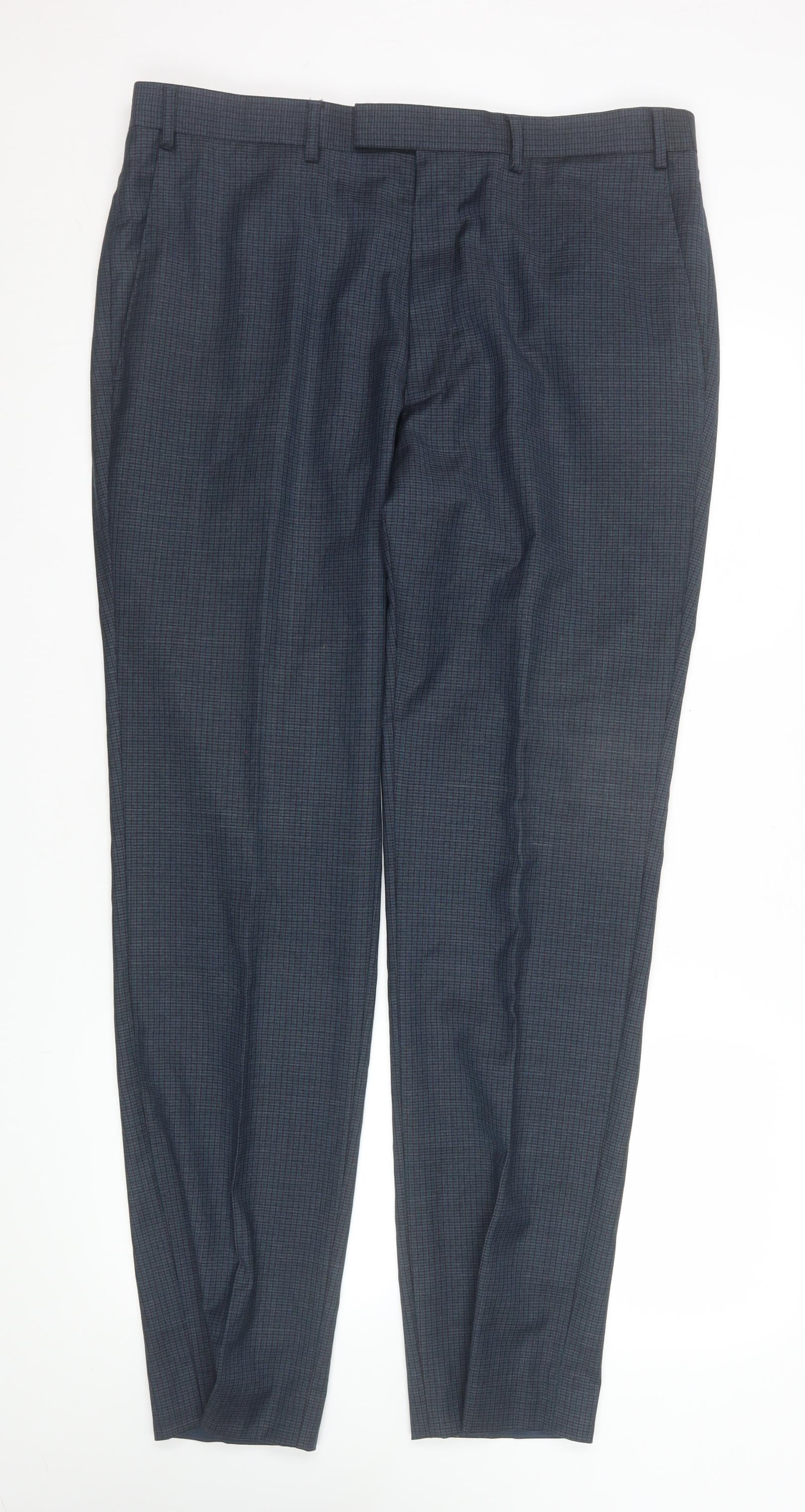 Kin by John Lewis Men's Blue Check Wool Blend Dress Trousers Size 36L