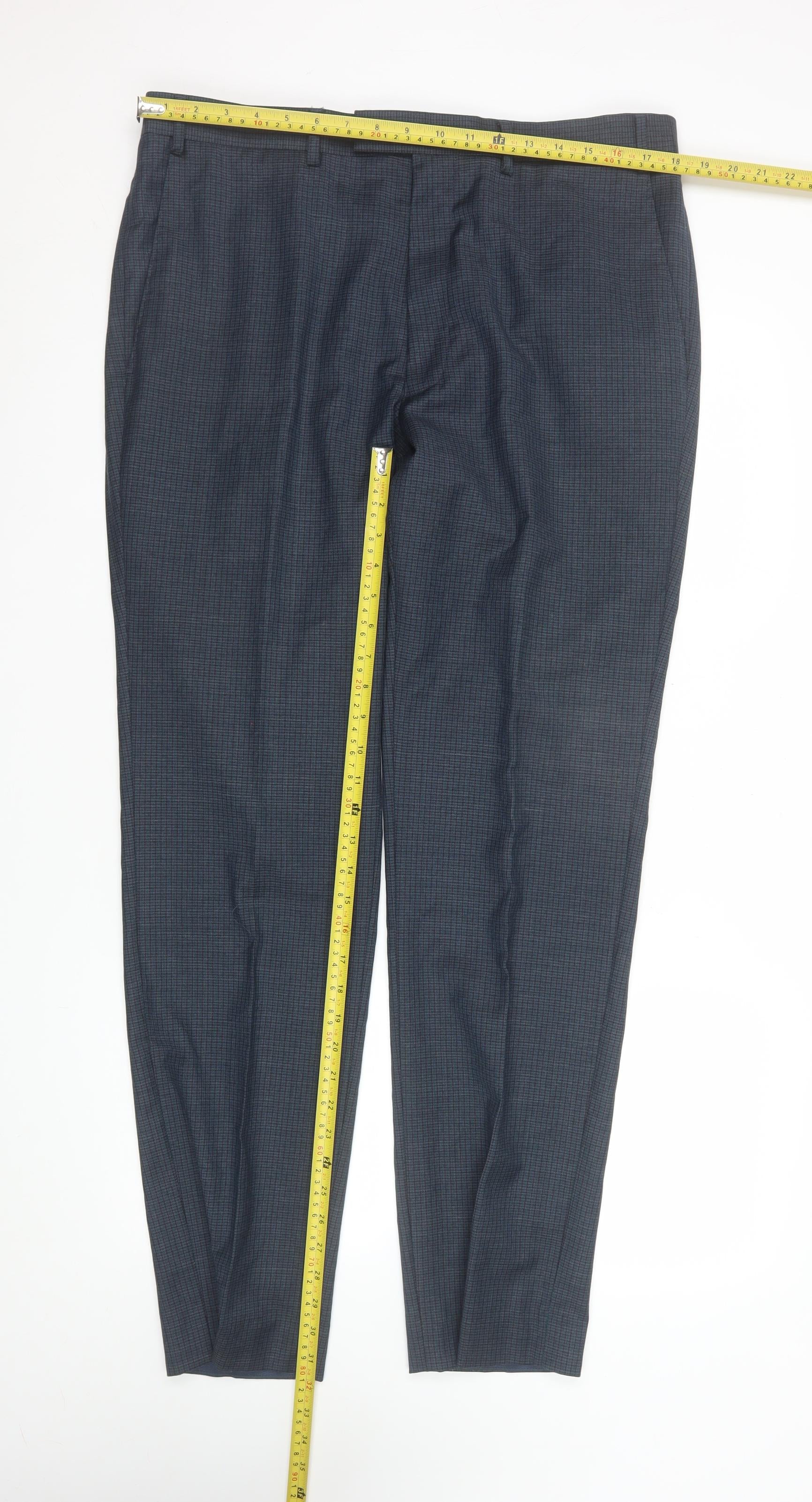 Kin by John Lewis Men's Blue Check Wool Blend Dress Trousers Size 36L - Image 2