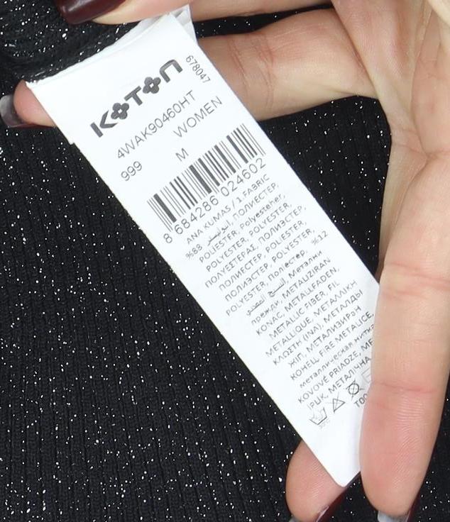 Koton Women Black Glitter Collared Button-Up Knit Top M - Image 4