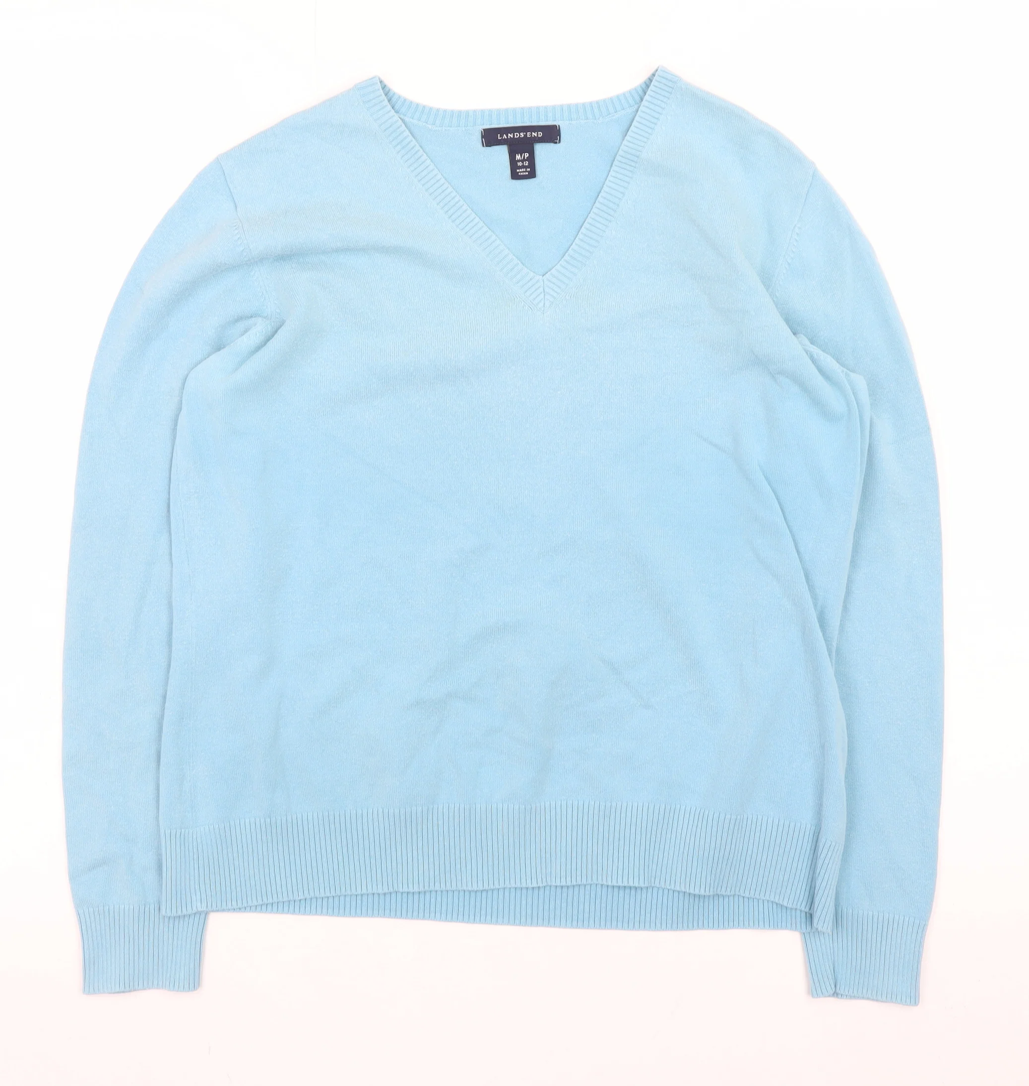 Lands' End Women's Blue V-Neck Cotton Knit Jumper Size 12 Petite