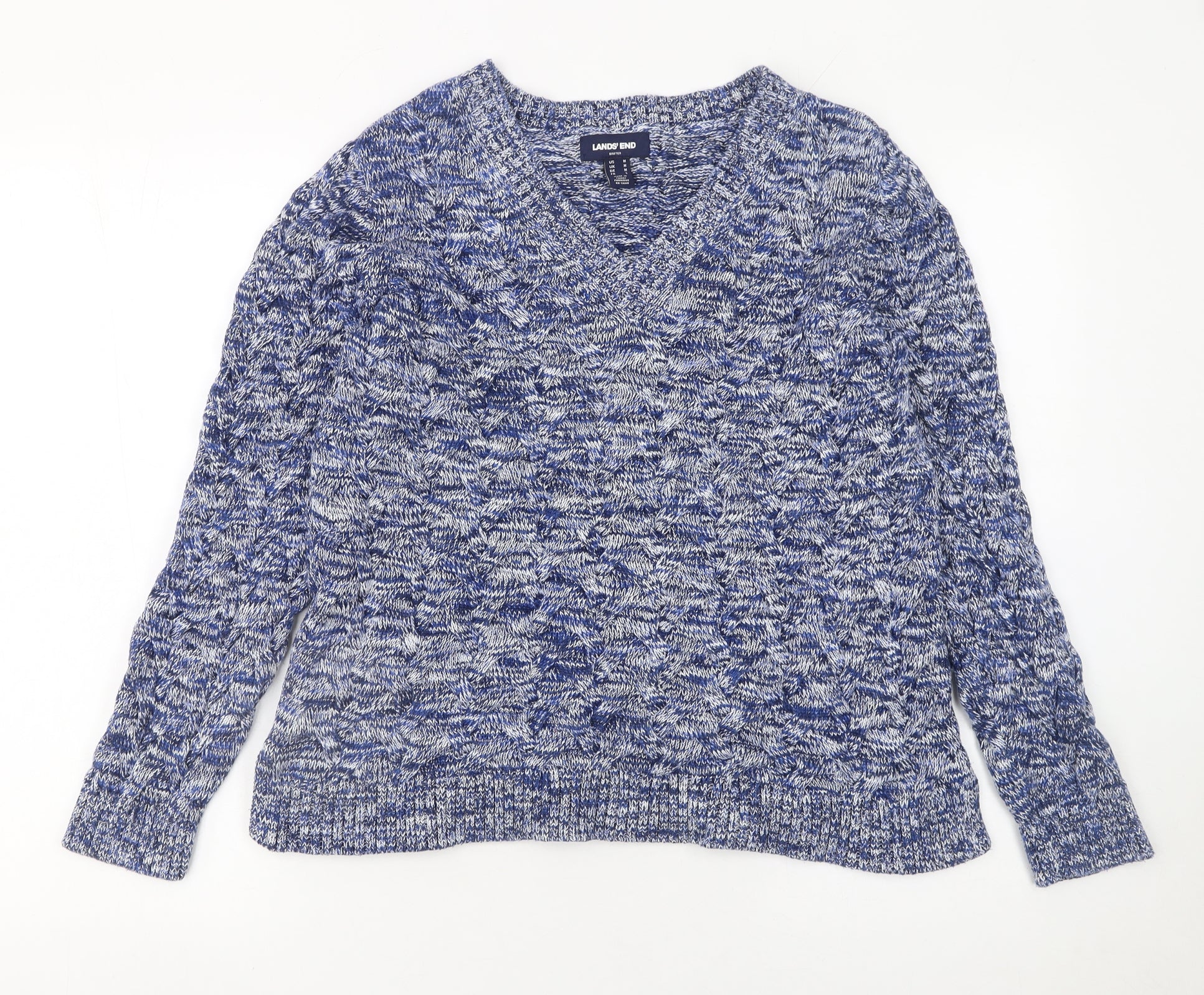 Lands' End Women's Blue V-Neck Cotton Knit Jumper Size M