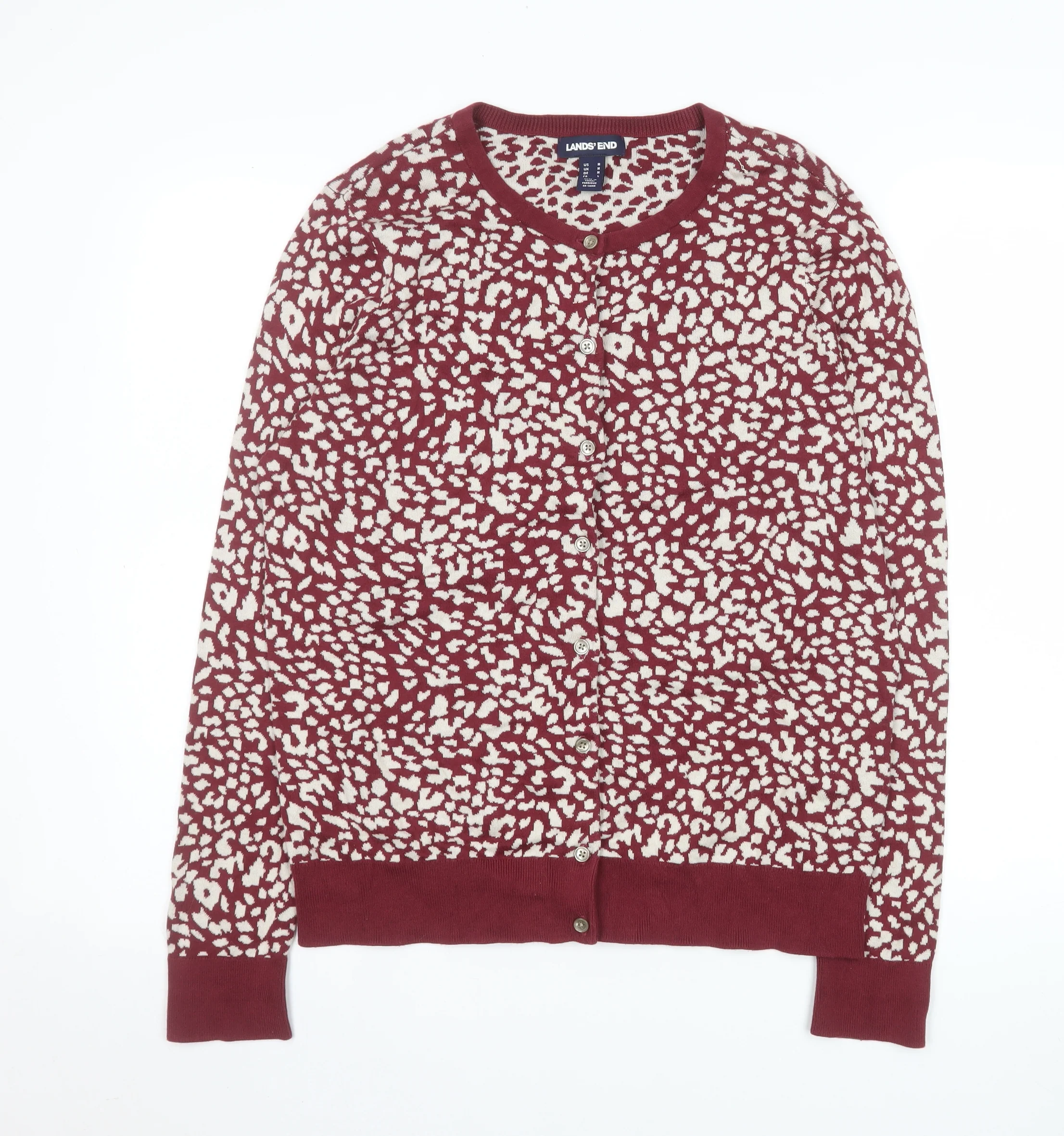 Lands' End Women's Red Animal Print Cotton Cardigan L