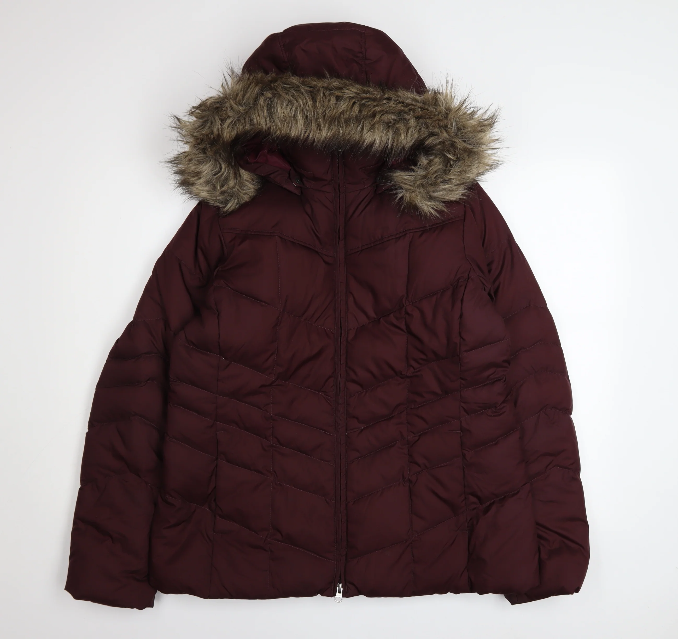 Lands' End Womens Red Down Puffer Jacket L Fur Hood Winter Coat