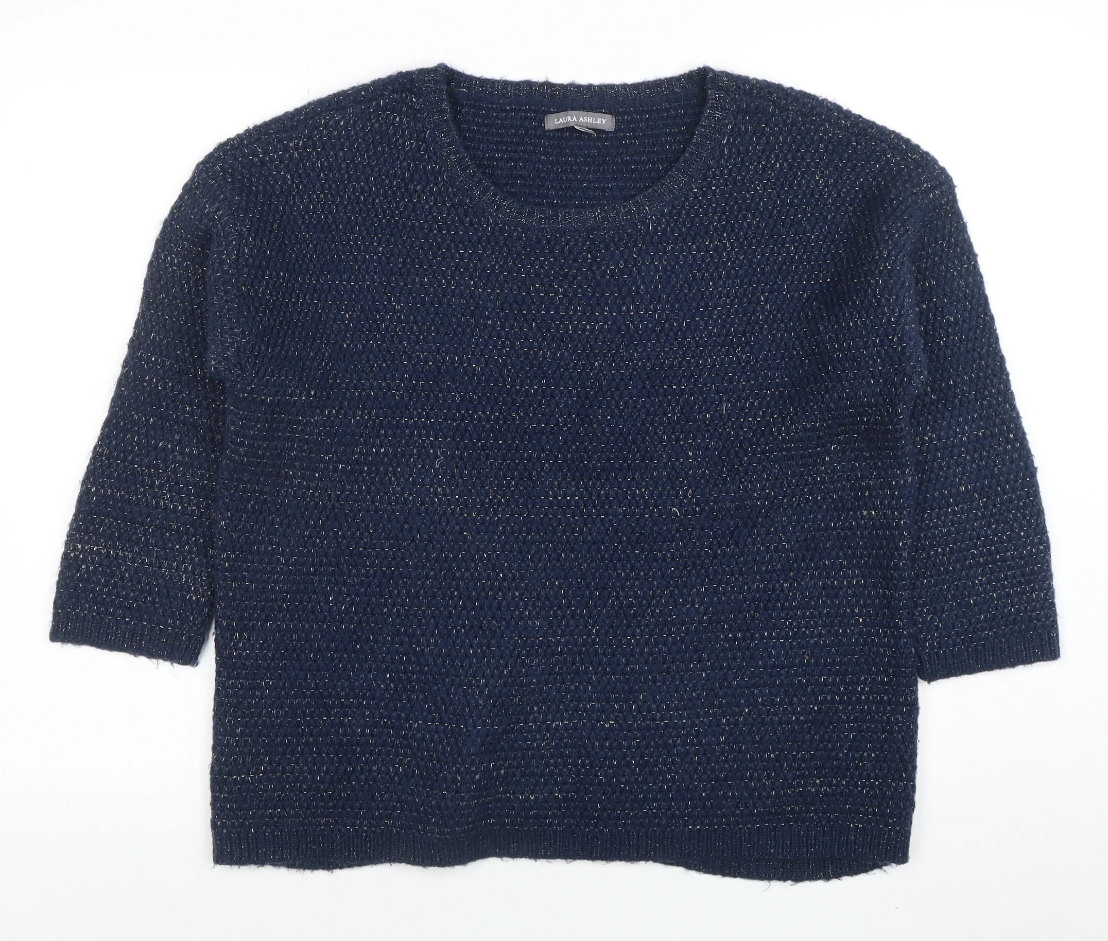 Laura Ashley Women Navy Blue Metallic Knit Jumper UK 12 Crew Neck 3/4 Sleeve