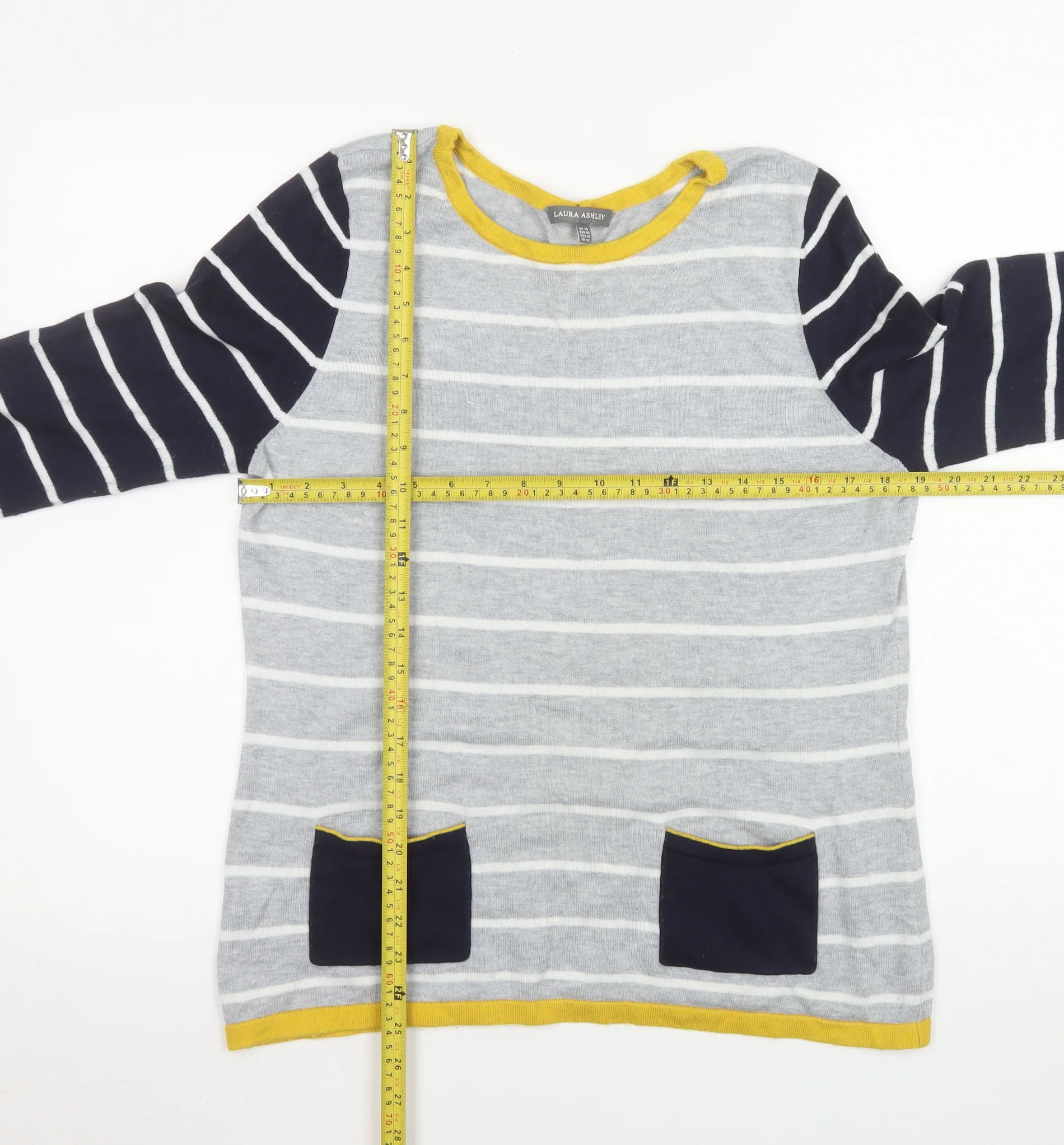 Laura Ashley Women’s Grey Striped Cardigan Size 14 Cotton Knit - Image 2