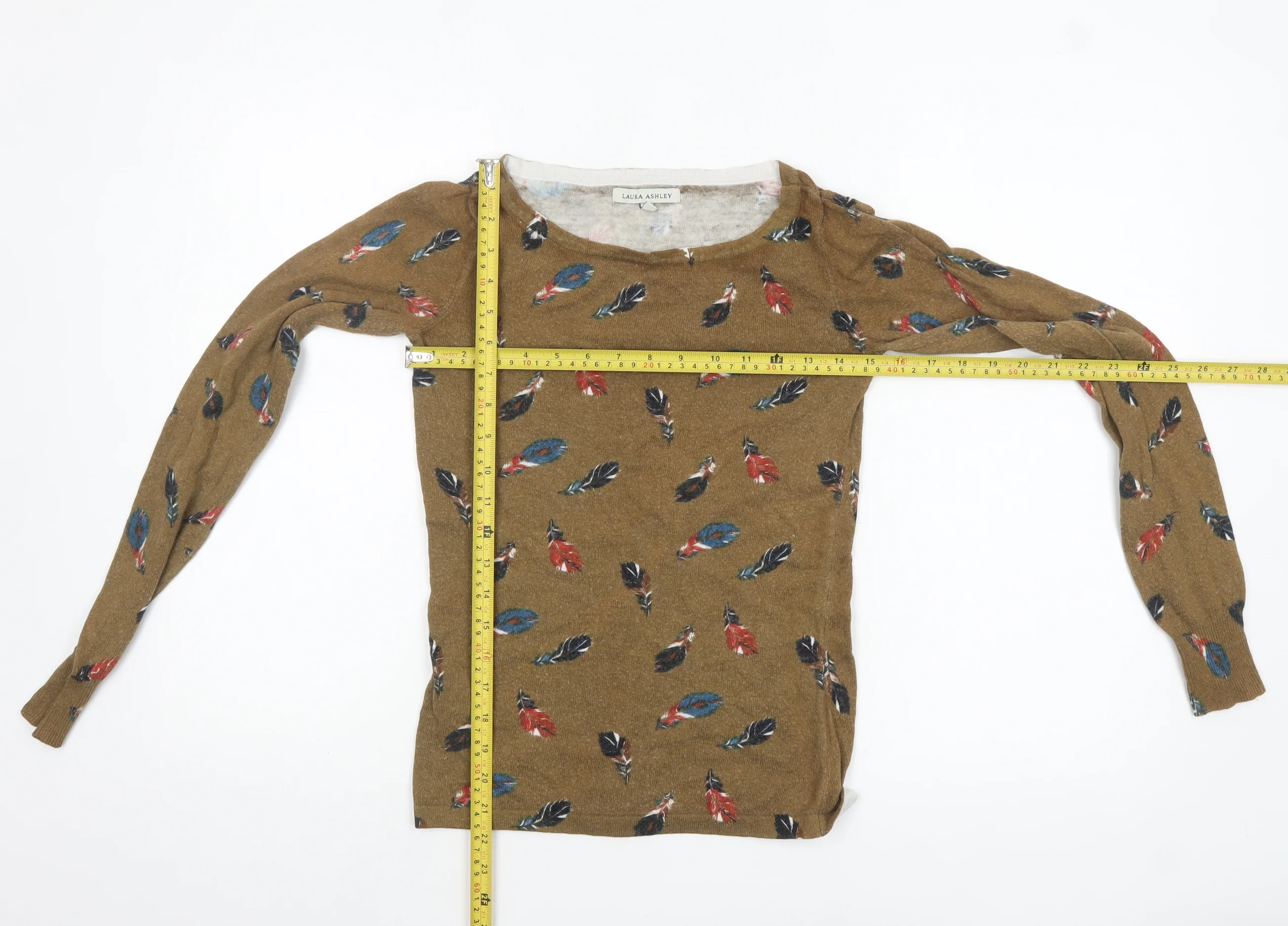 Laura Ashley Women's Brown Feather Print Cotton Pullover Jumper Size 8 - Image 2