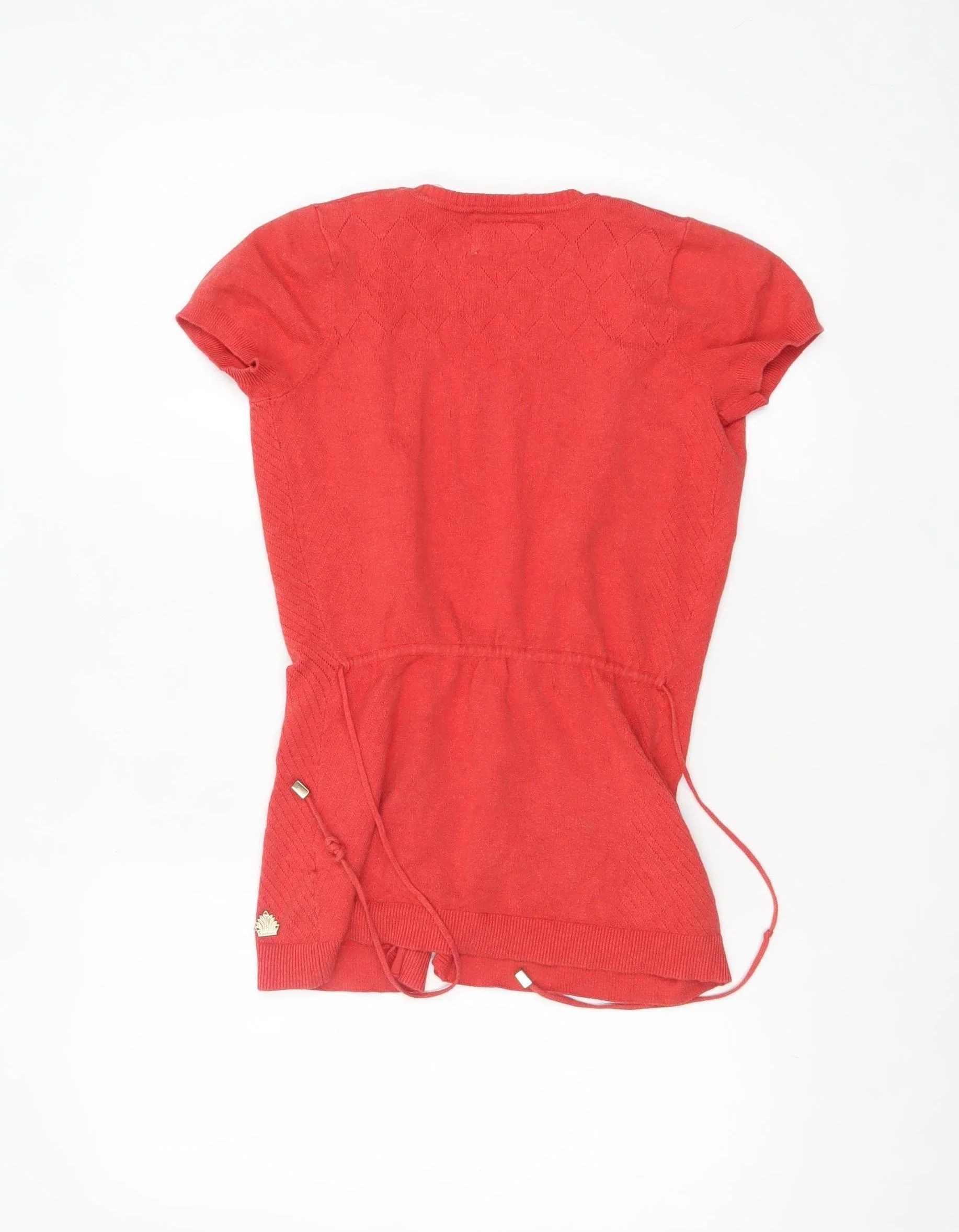Lemon Women Red Short Sleeve Open Cardigan Belted Knit Size S - Image 3