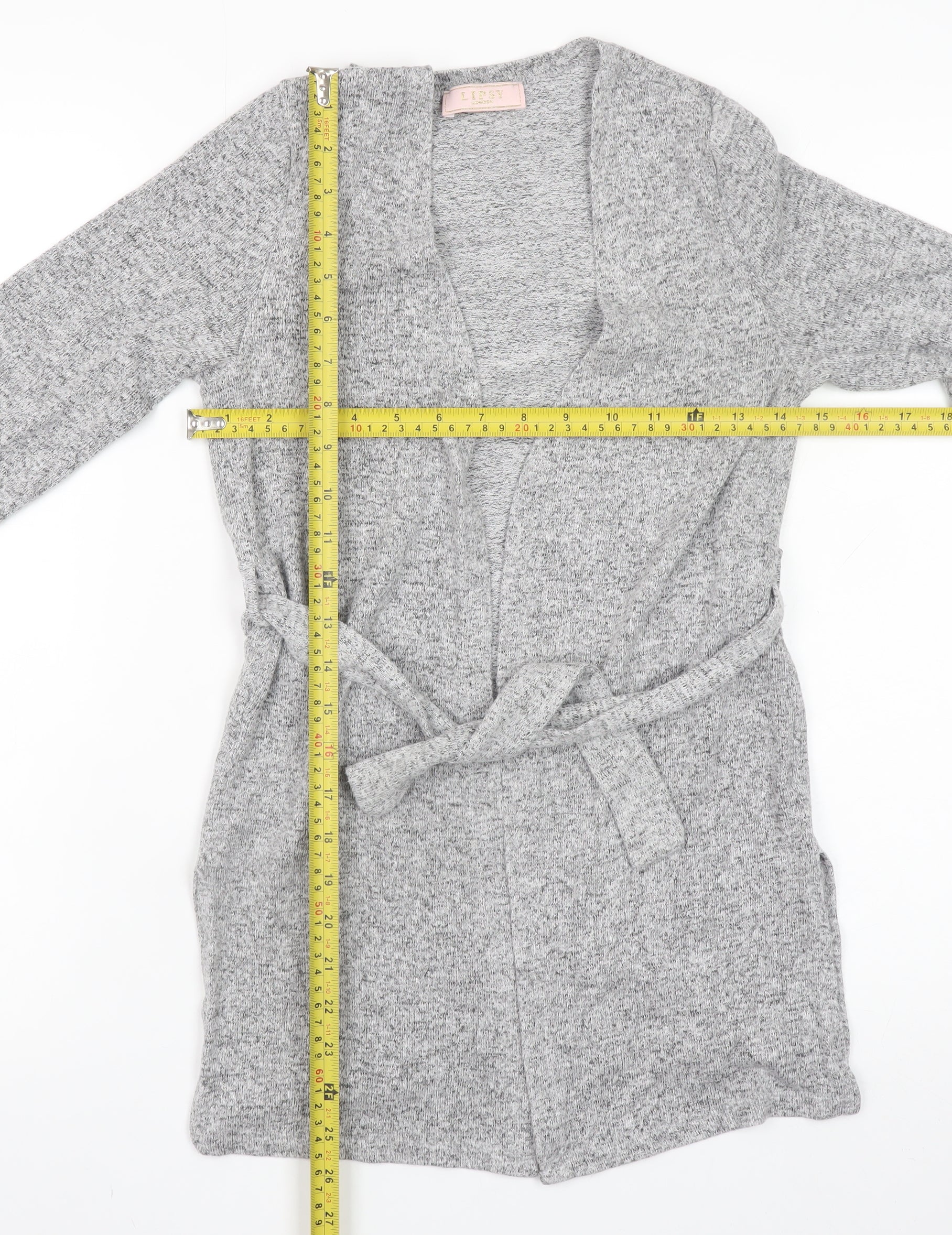 Lipsy Teens Grey Belted Knit Cardigan Size 10 Long Sleeve V-Neck - Image 2