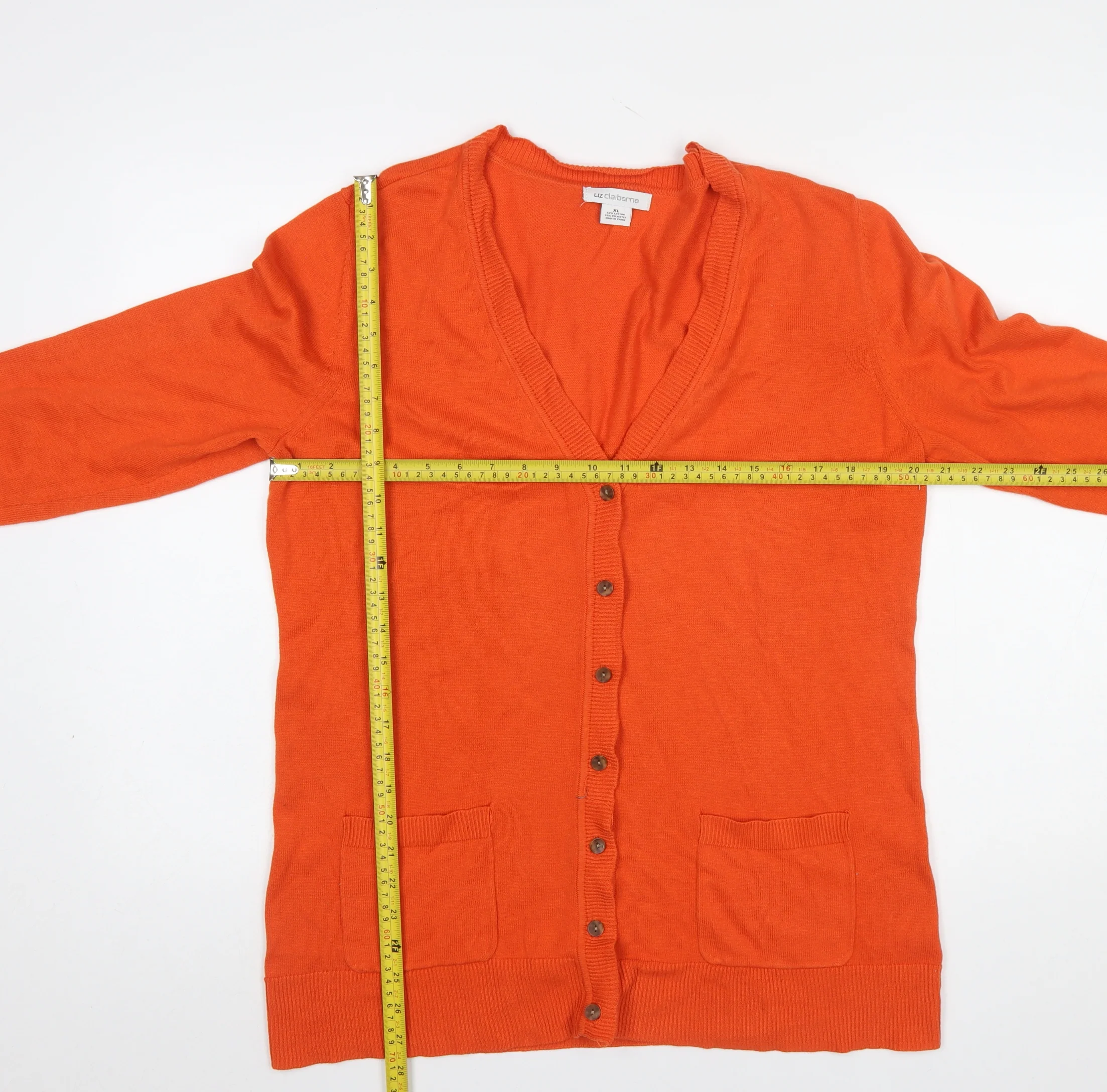 Liz Claiborne Women Orange Cotton Blend V-Neck Cardigan XL - Image 2