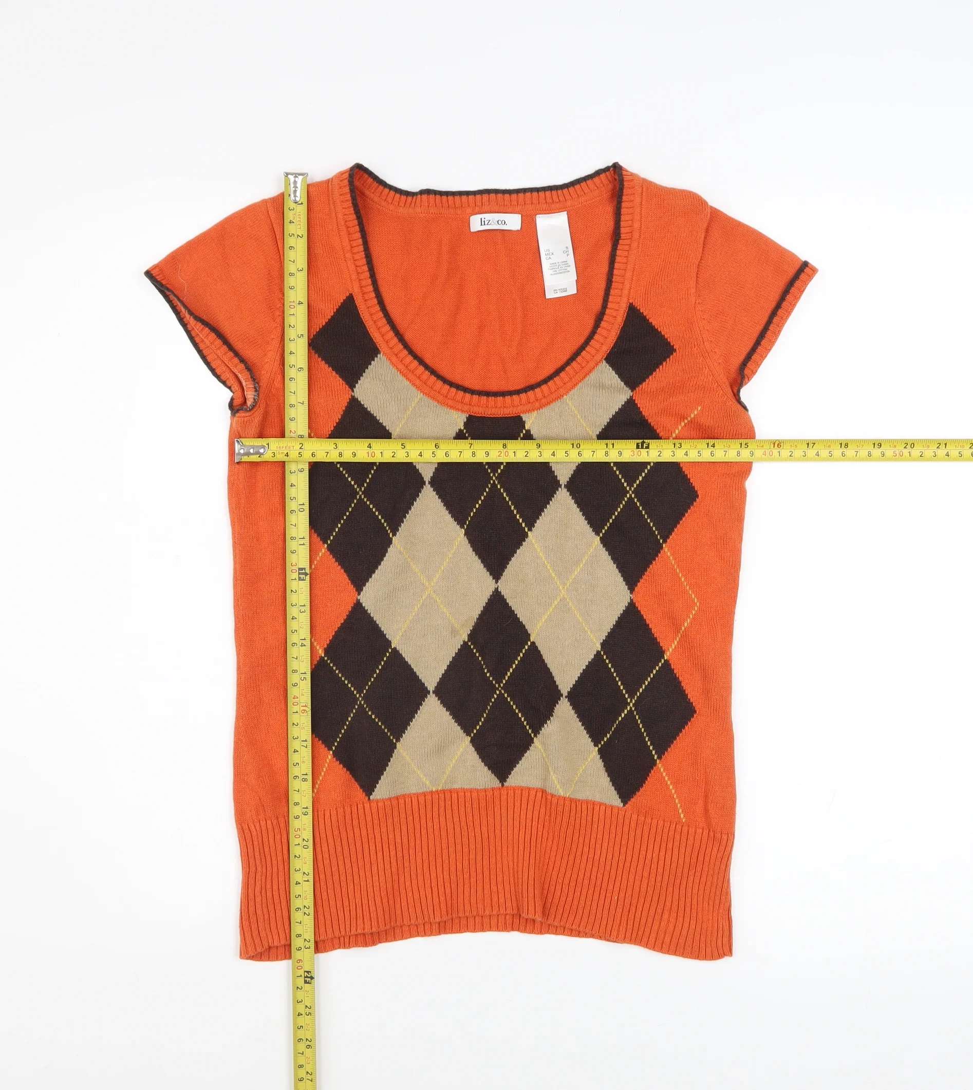 Liz & Co Women’s Orange Argyle Short Sleeve Knit Top Size S - Image 2