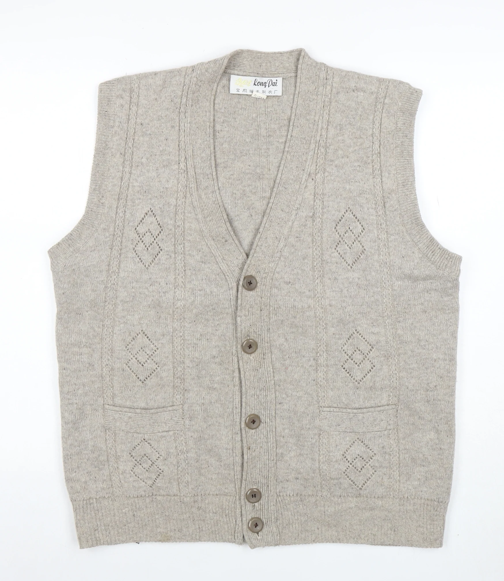 Long Dai Men's Beige Wool V-Neck Argyle Button Vest 2XL