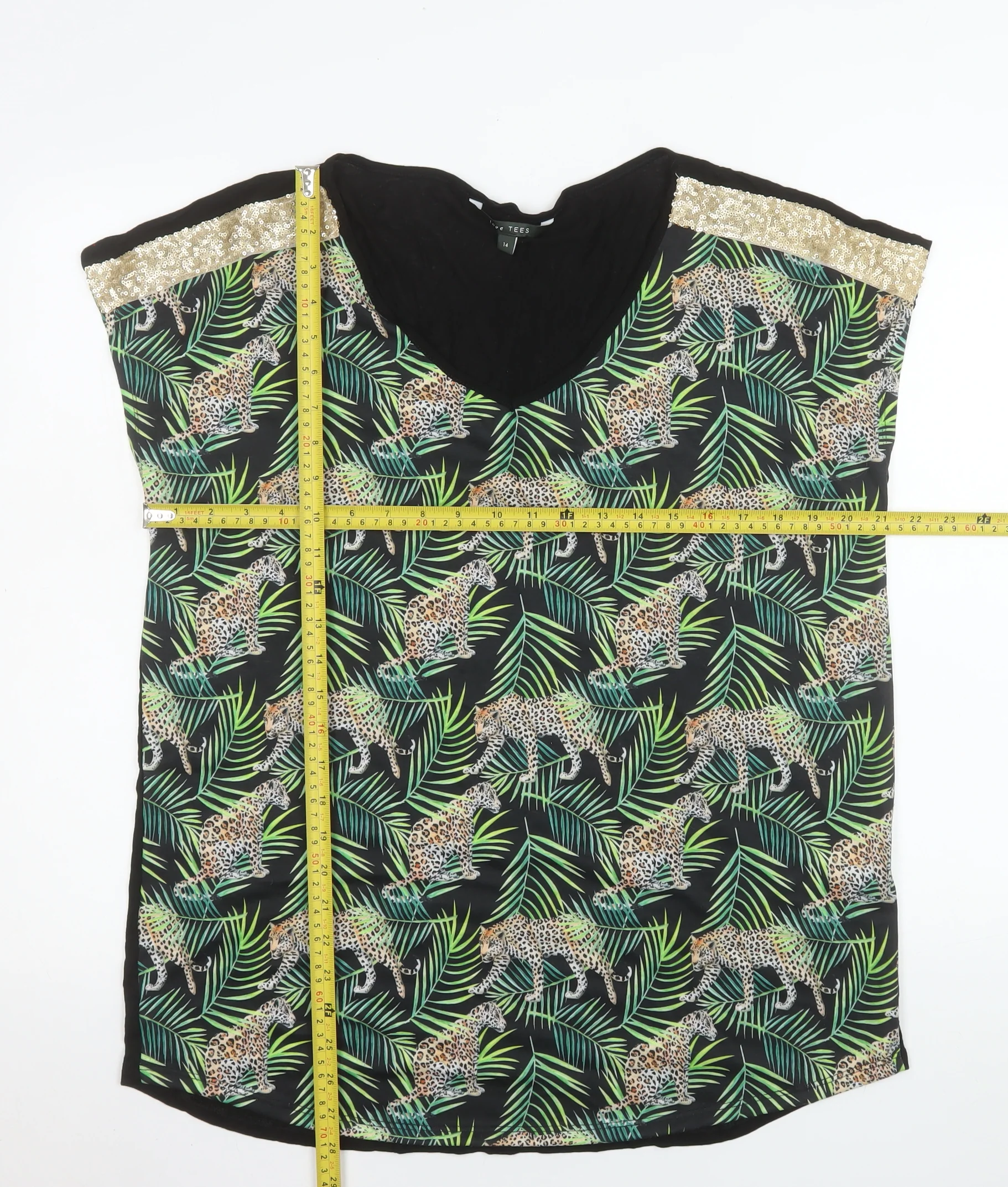 Love TEES Womens Black Leopard Print V-Neck Sleeveless Blouse Size 14 - Image 2