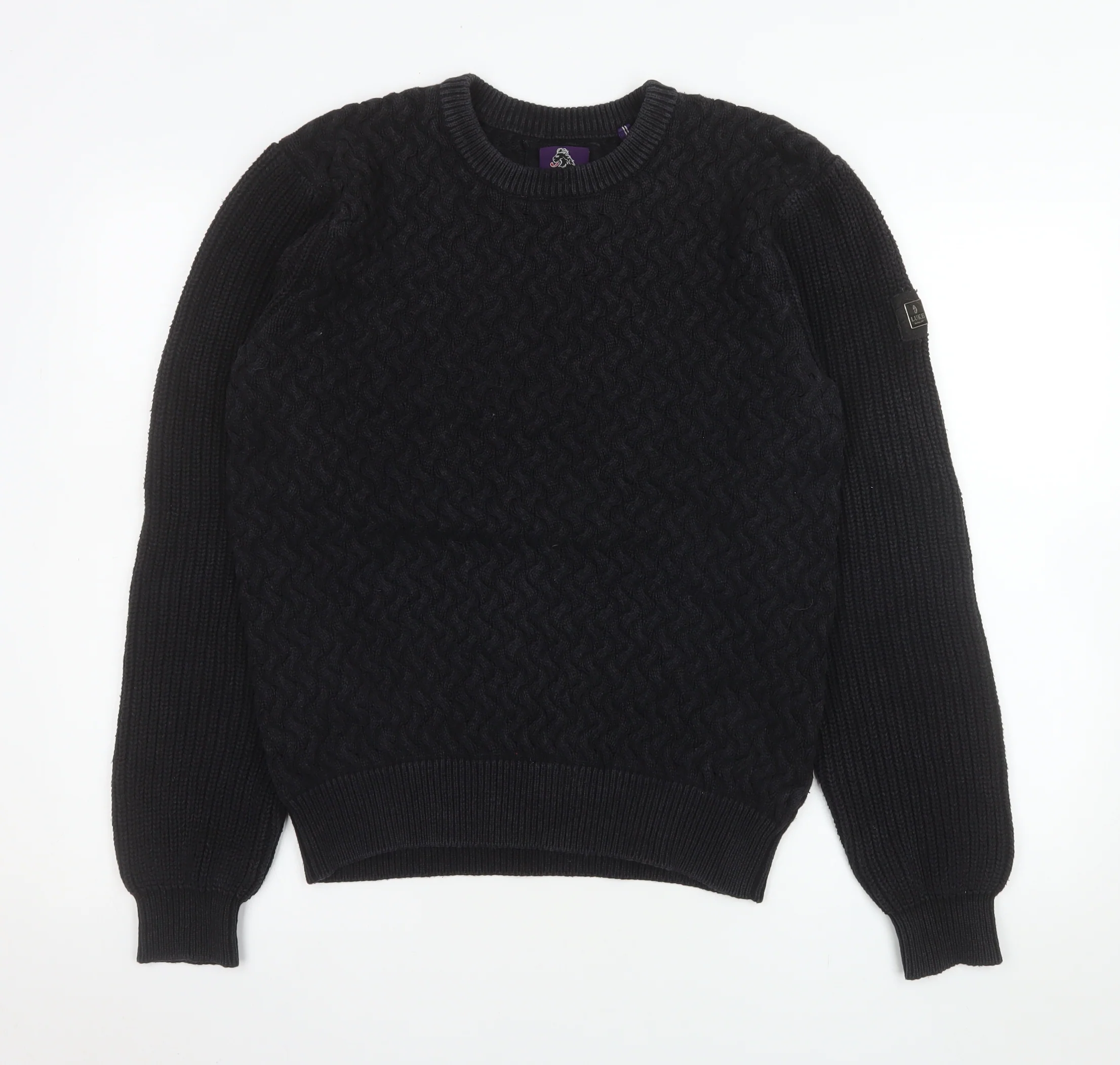 Luke Men’s Black XL Cable Knit Cotton Crew Neck Jumper