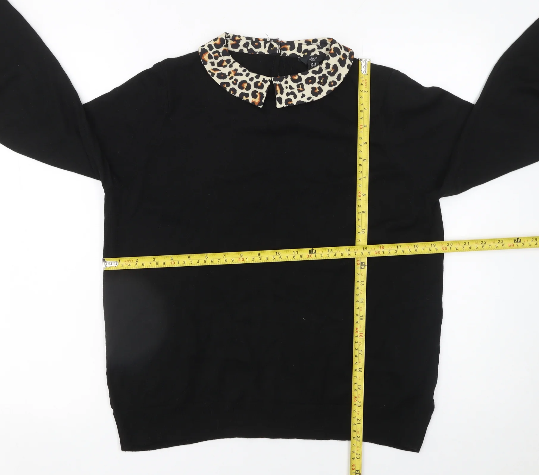 M&Co Women’s Black Petite Size 14 Collared Leopard Trim Knit Jumper - Image 2