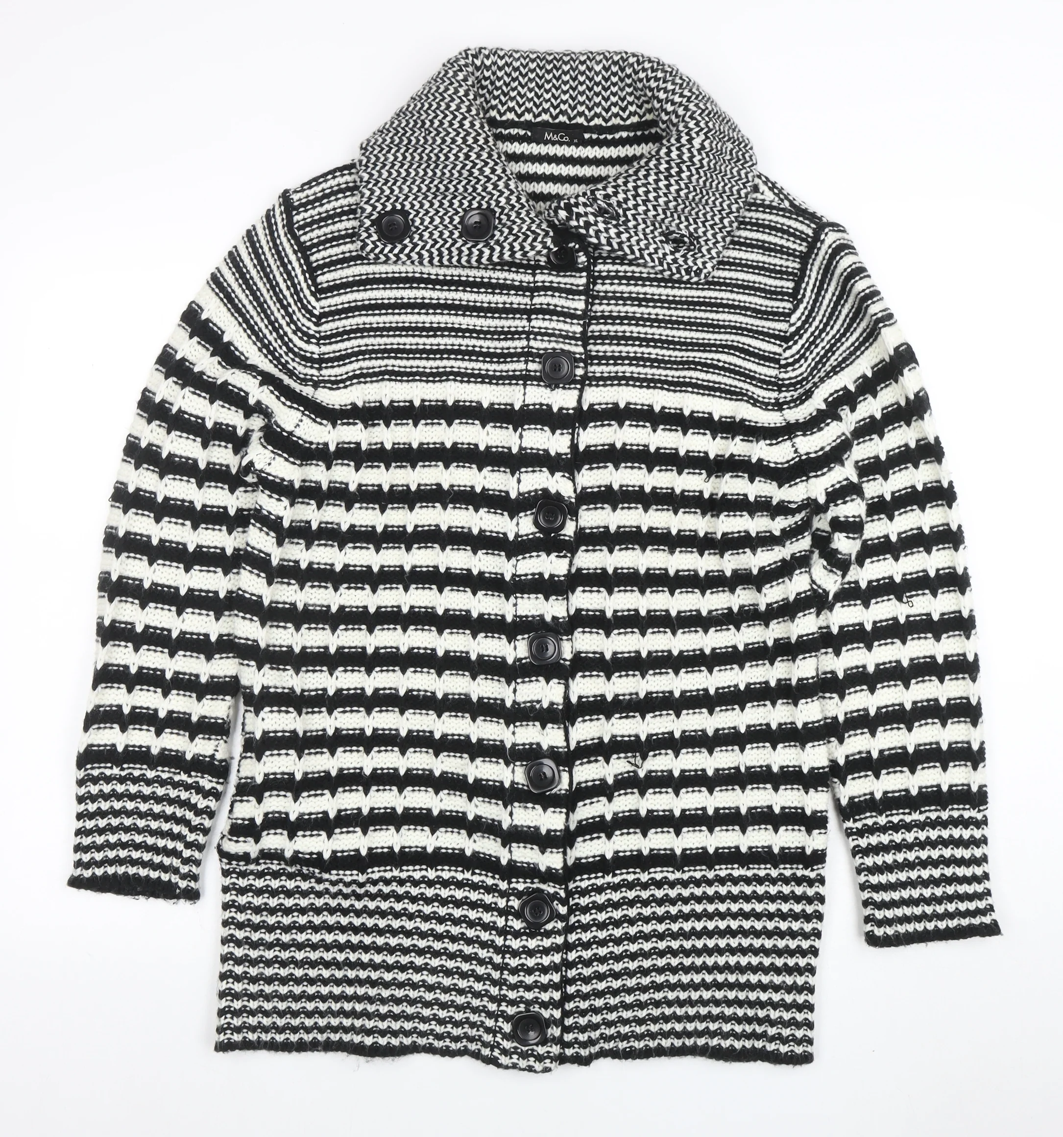 M&Co Women’s Black White Collared Chunky Knit Button Cardigan XL