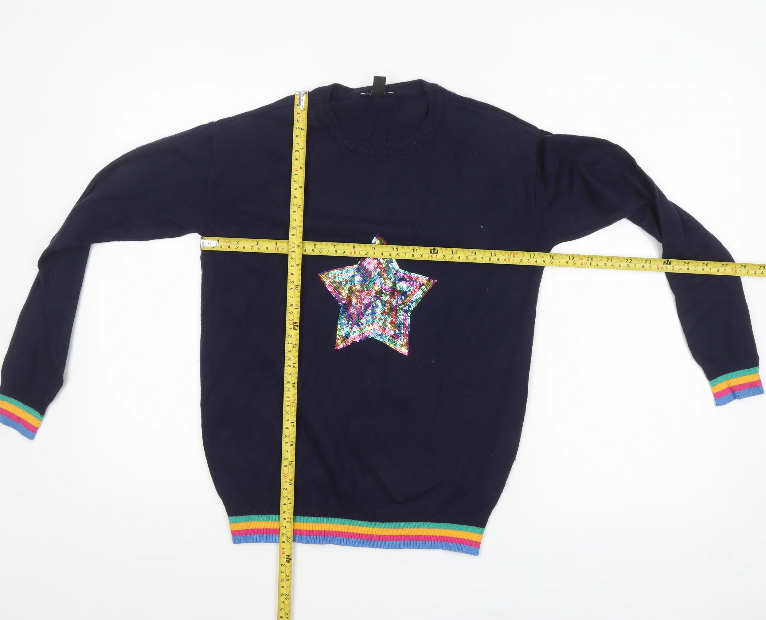 M&Co Women’s Blue Sequin Star Rainbow Trim Jumper Size 8 - Image 2