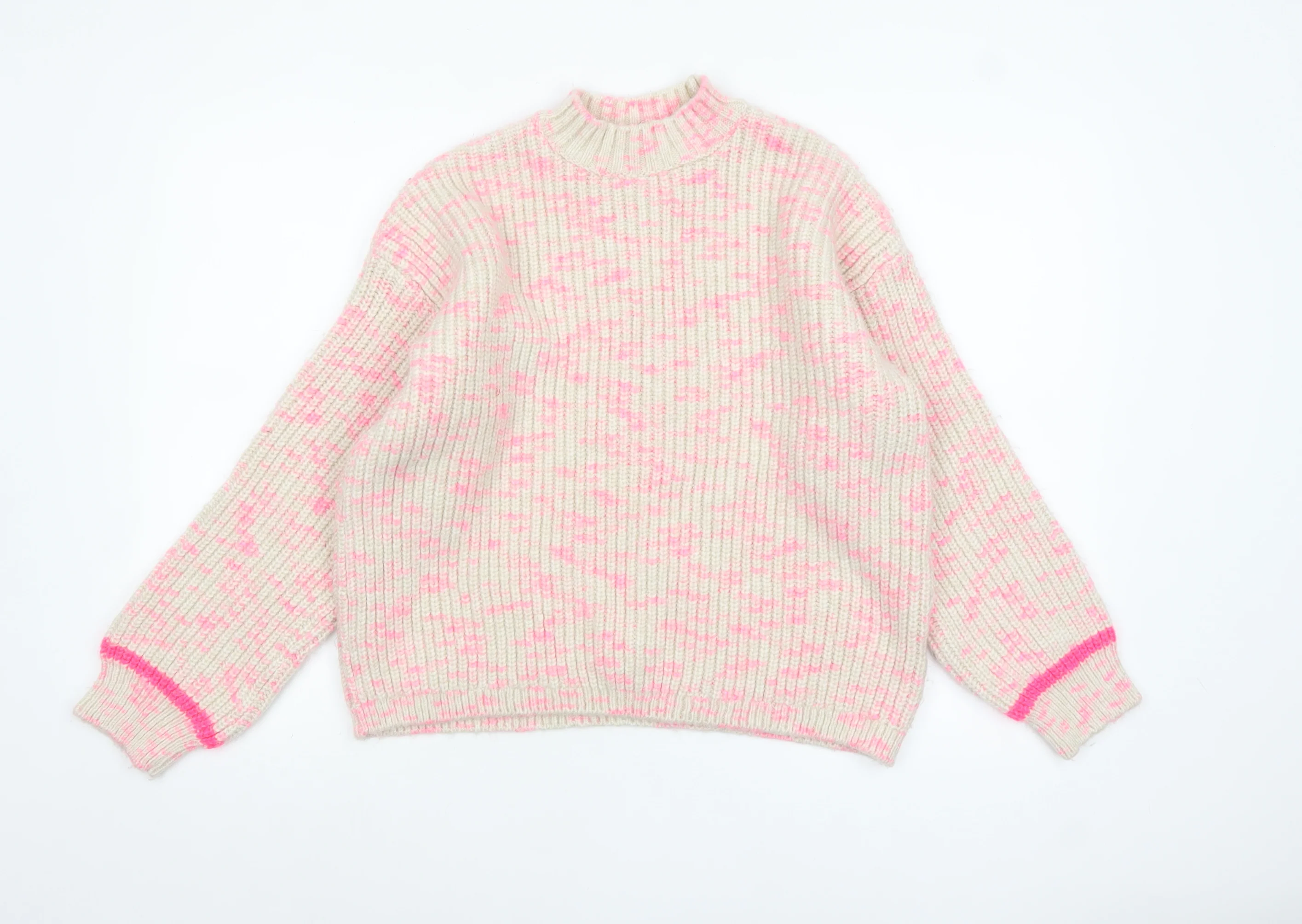 M&Co Womens Cream Pink Mock Neck Chunky Knit Jumper Size 16