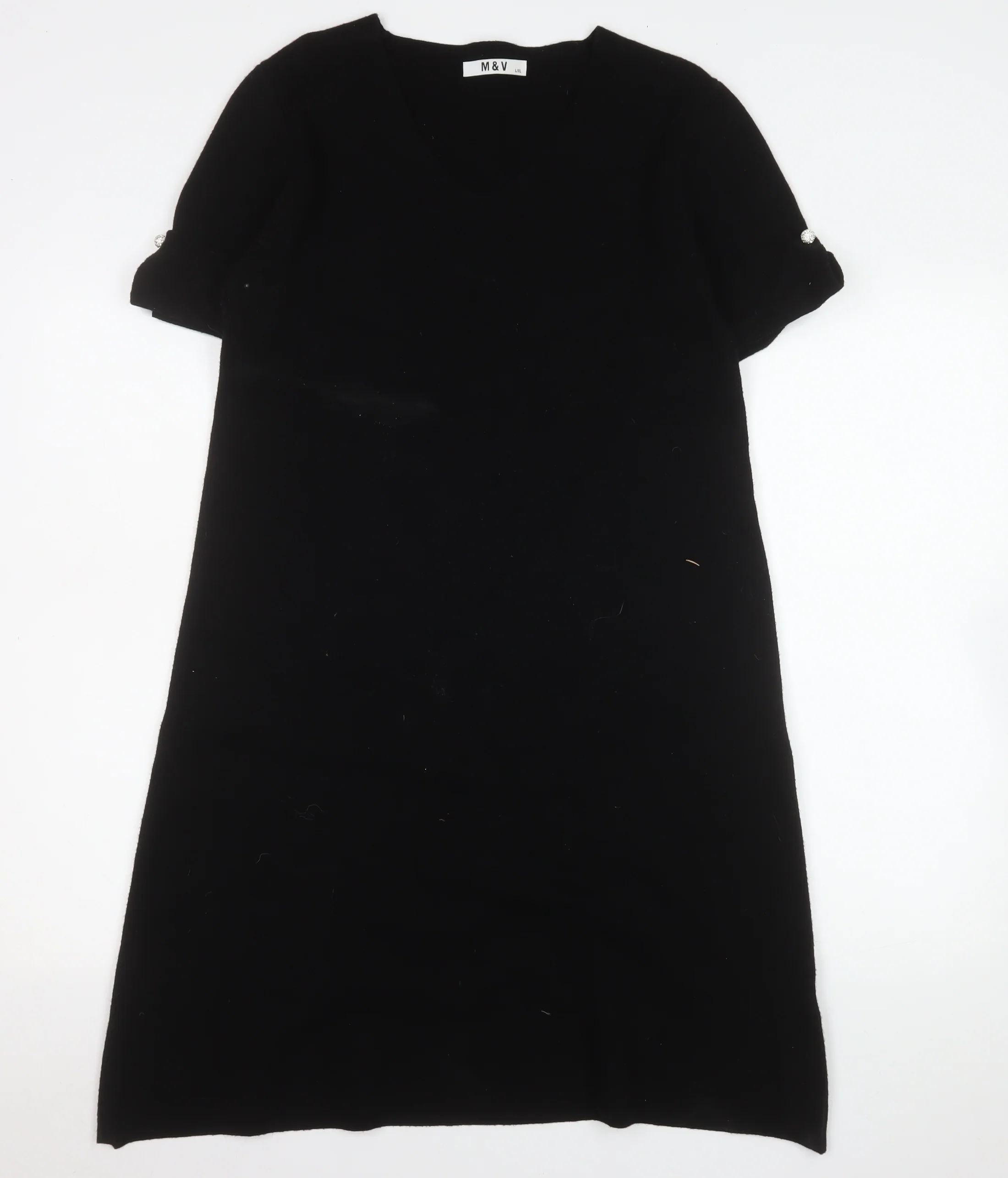 M&V Women Black L Knit Shift Dress V-Neck Short Sleeve