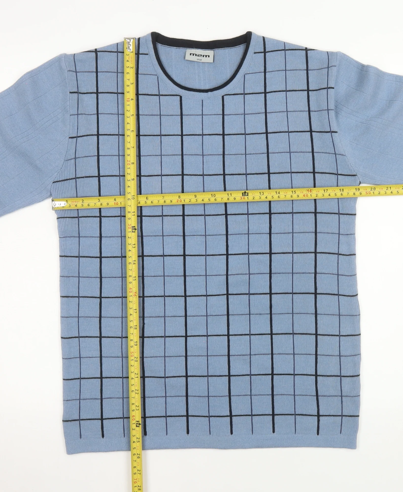 m2m Men's Blue Check Knit Crew Neck Acrylic Jumper Size S - Image 2