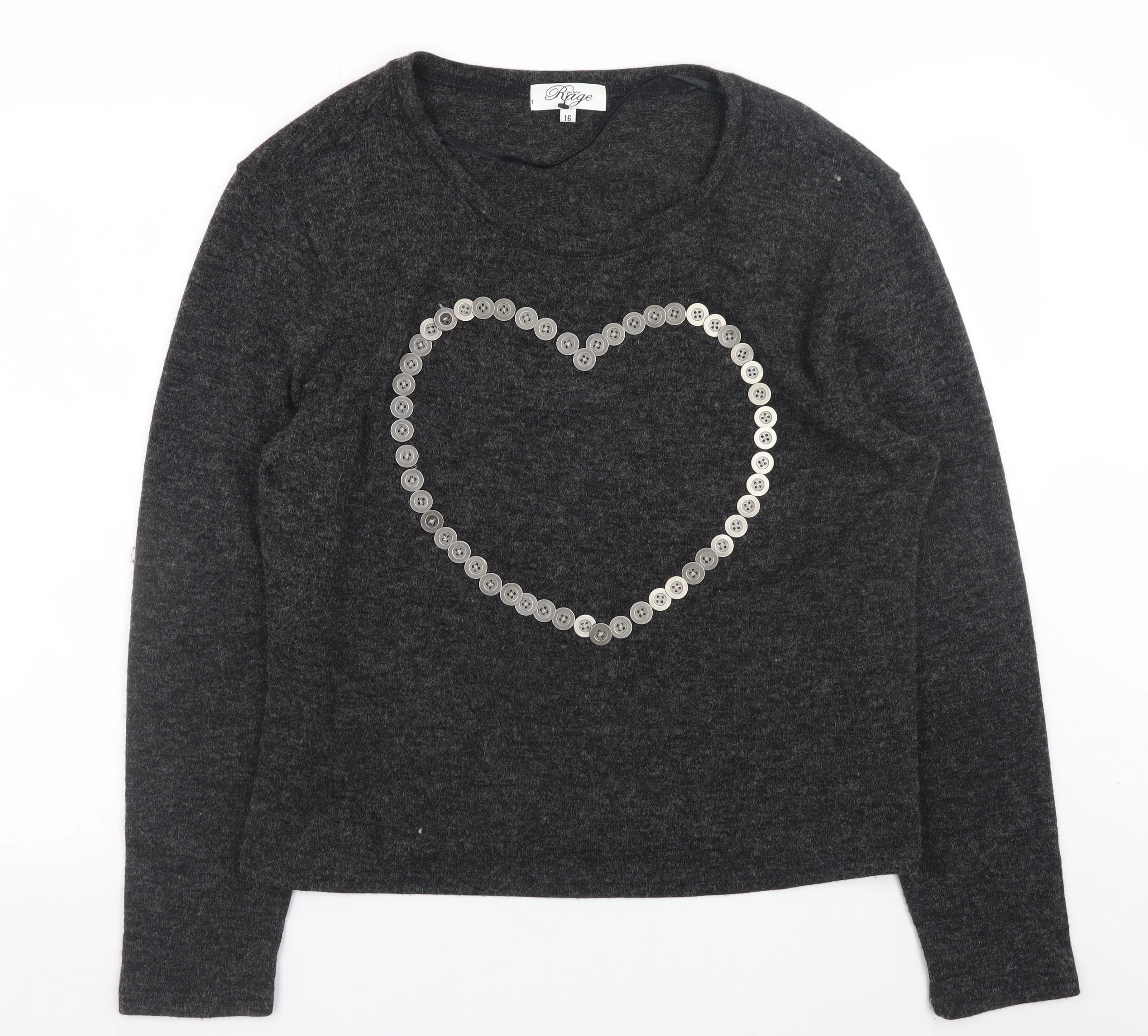 Madam Rage Women Grey Heart Button Pullover Jumper Size 16