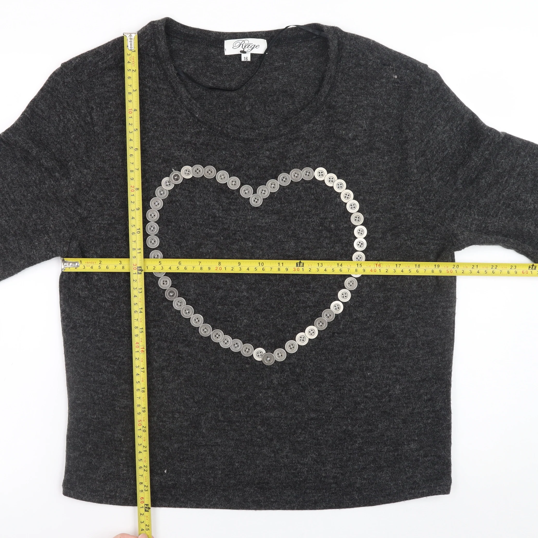 Madam Rage Women Grey Heart Button Pullover Jumper Size 16 - Image 2