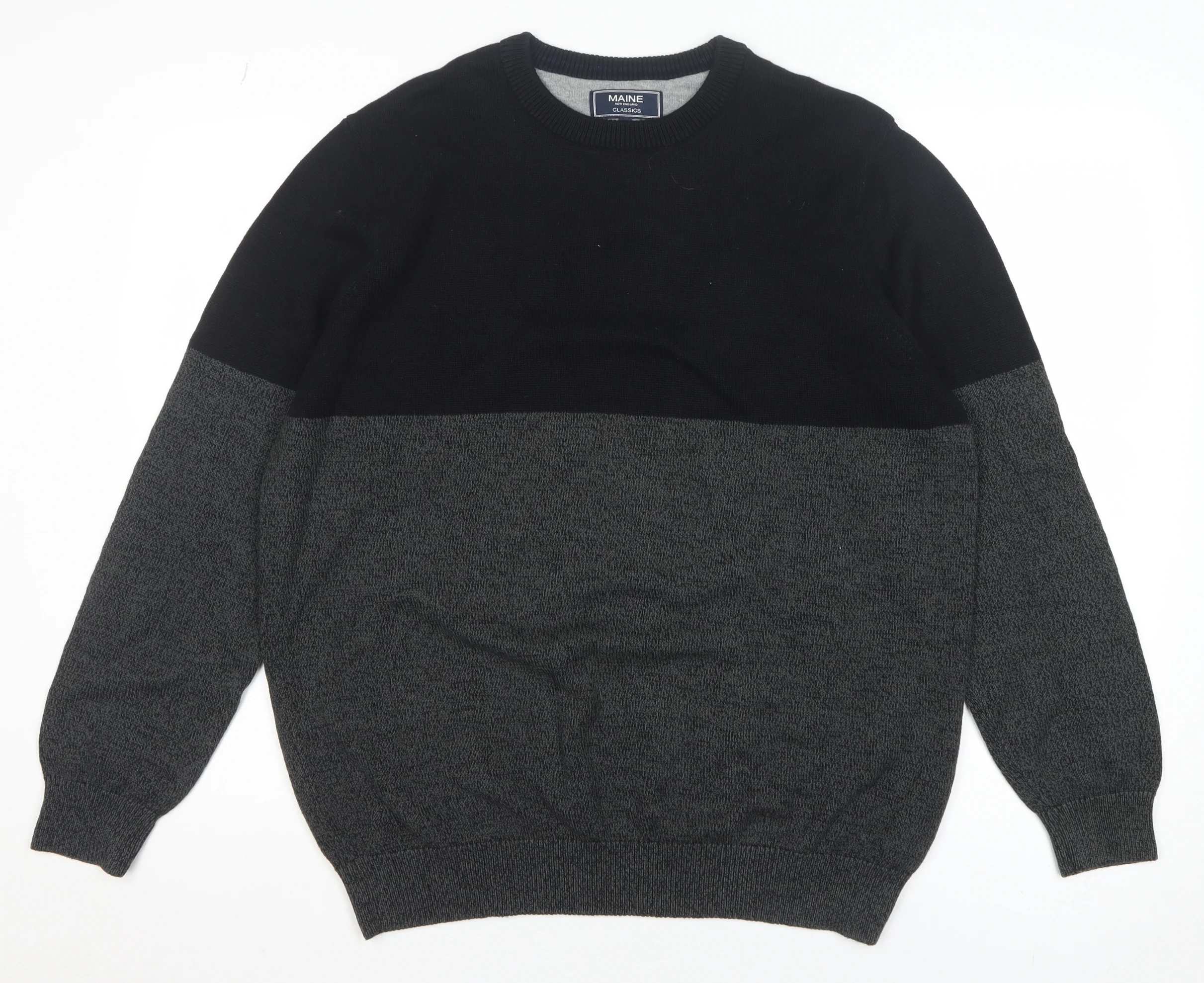 Maine New England Men Black Grey Cotton Crew Neck Jumper L Classic Knit