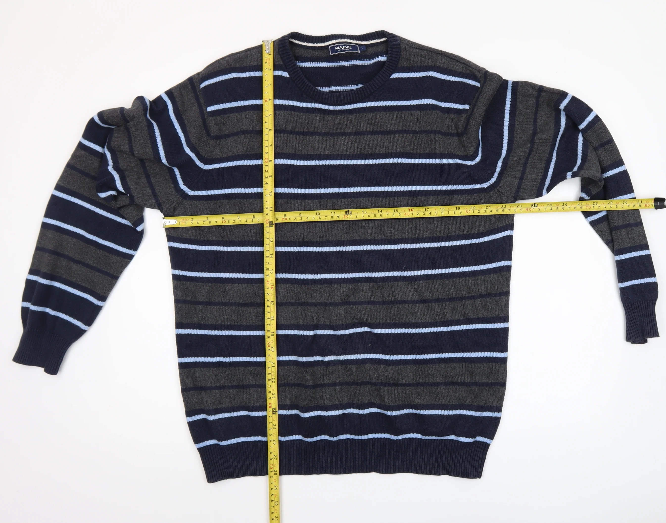 Maine New England Men's Blue Striped Cotton Crew Neck Jumper L - Image 2