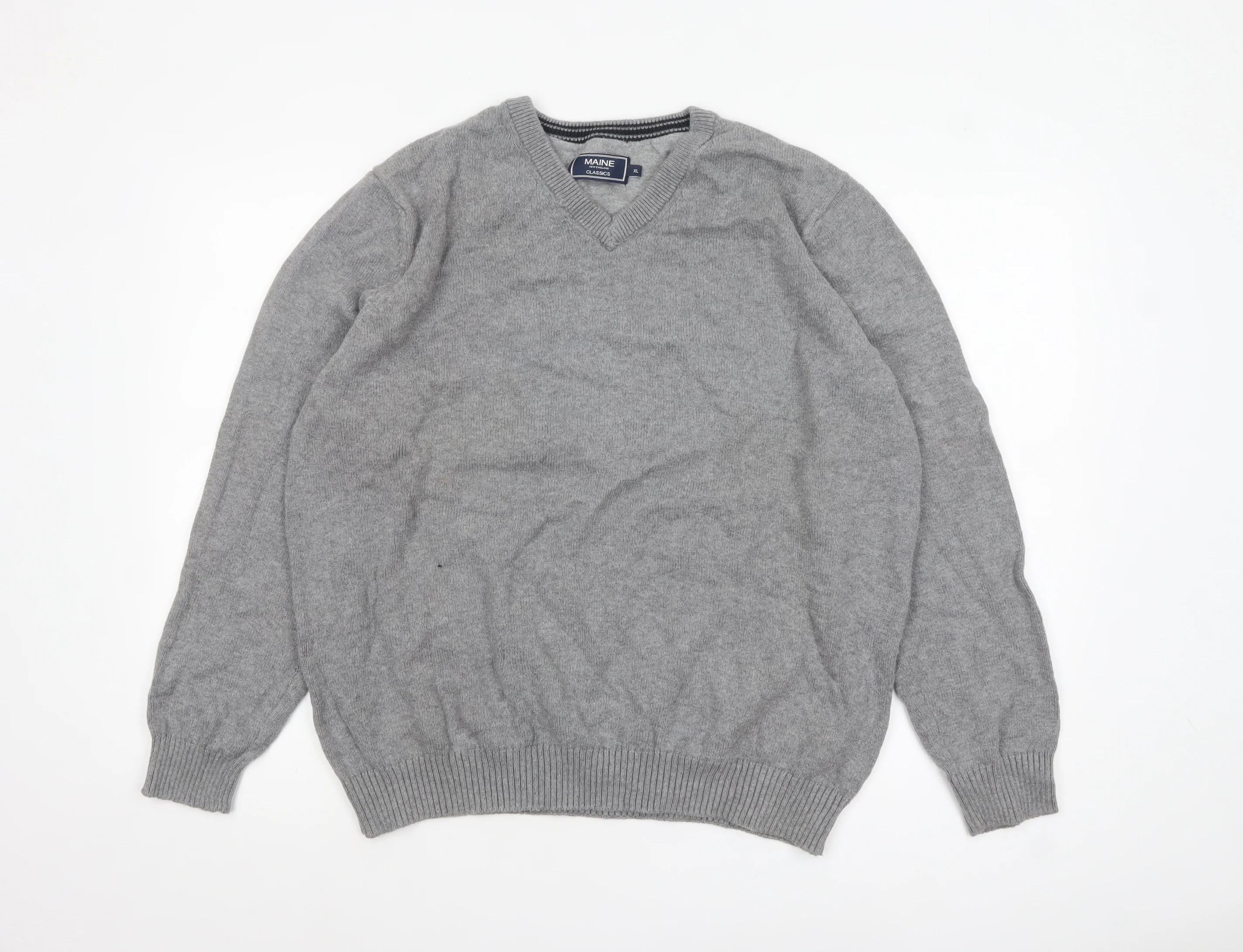 Maine New England Men's Grey Wool V-Neck Pullover Jumper XL