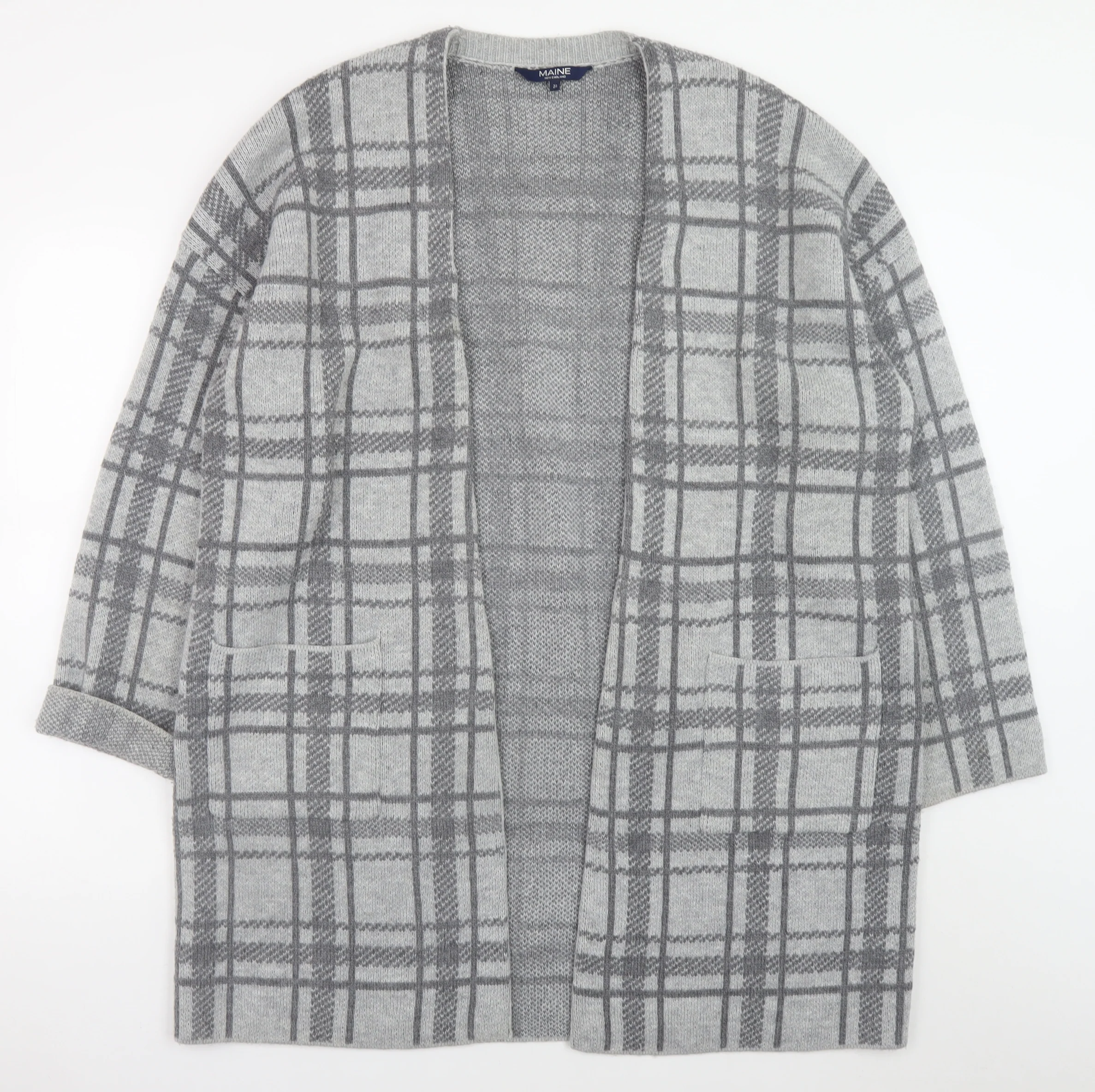 Maine New England Women’s Grey Checked Open Knit Cardigan Size 20