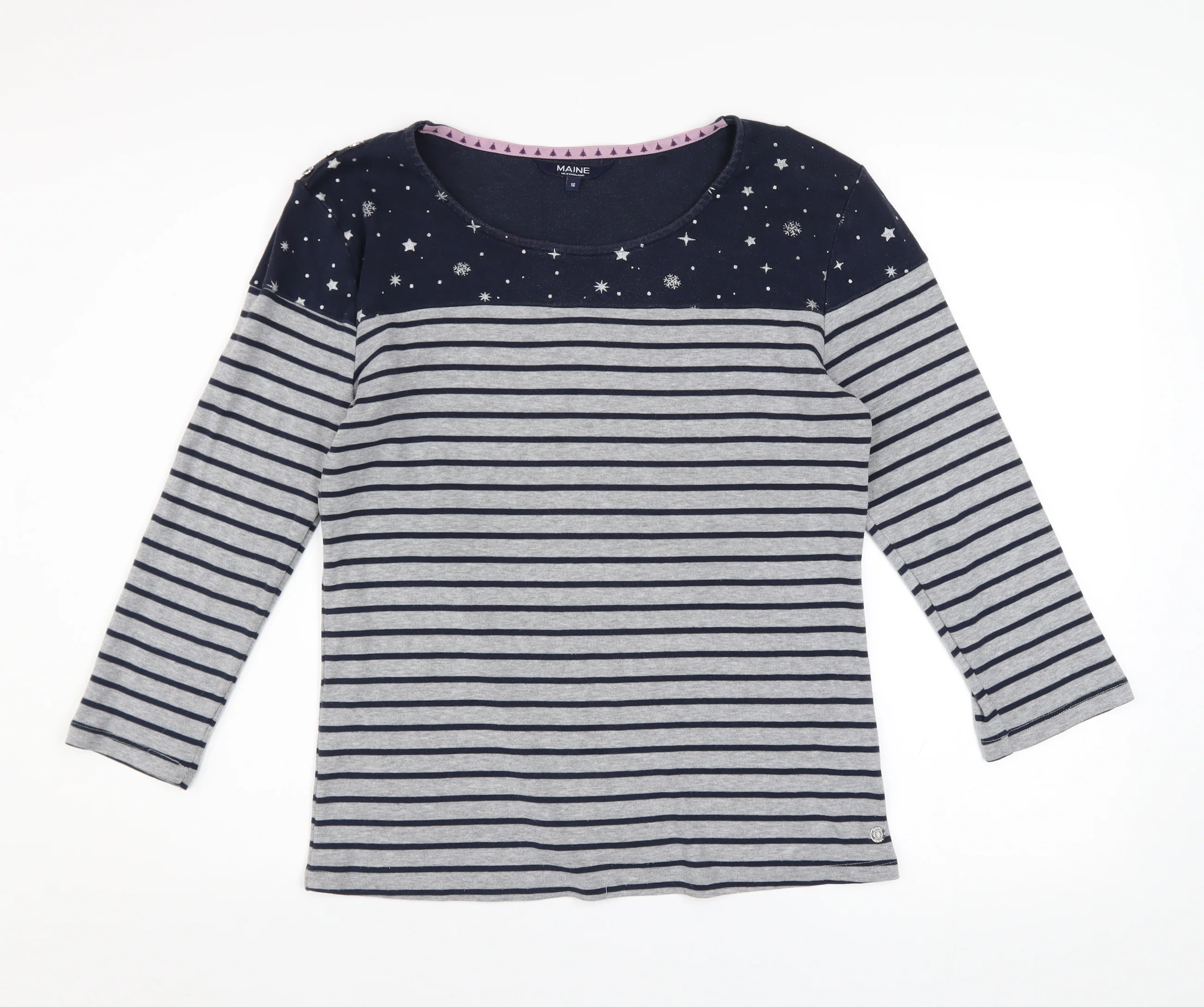 Maine New England Womens Grey Stripe Star Top Size 16 Pullover