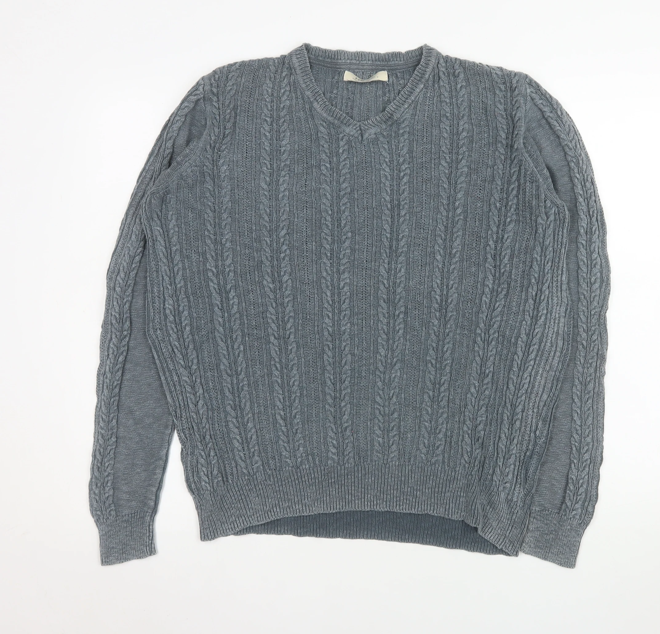 Mango Men's Grey L V-Neck Cable Knit Cotton Jumper