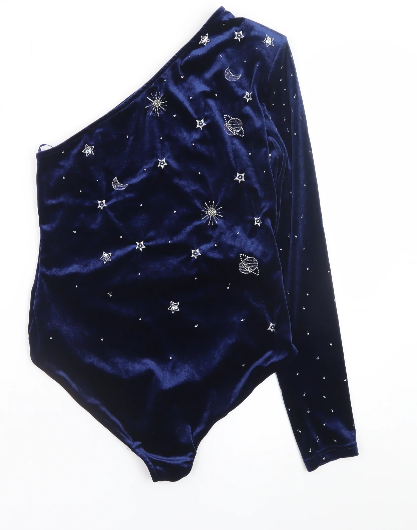 Mango Women Blue Velvet One Shoulder Beaded Party Bodysuit Size 10 - Image 3