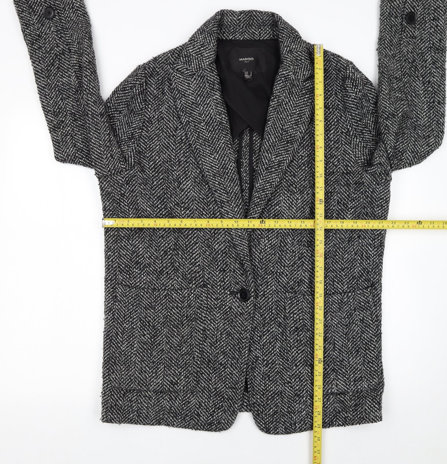 Mango Women’s Grey Herringbone Wool Blend Blazer Size 12 - Image 2