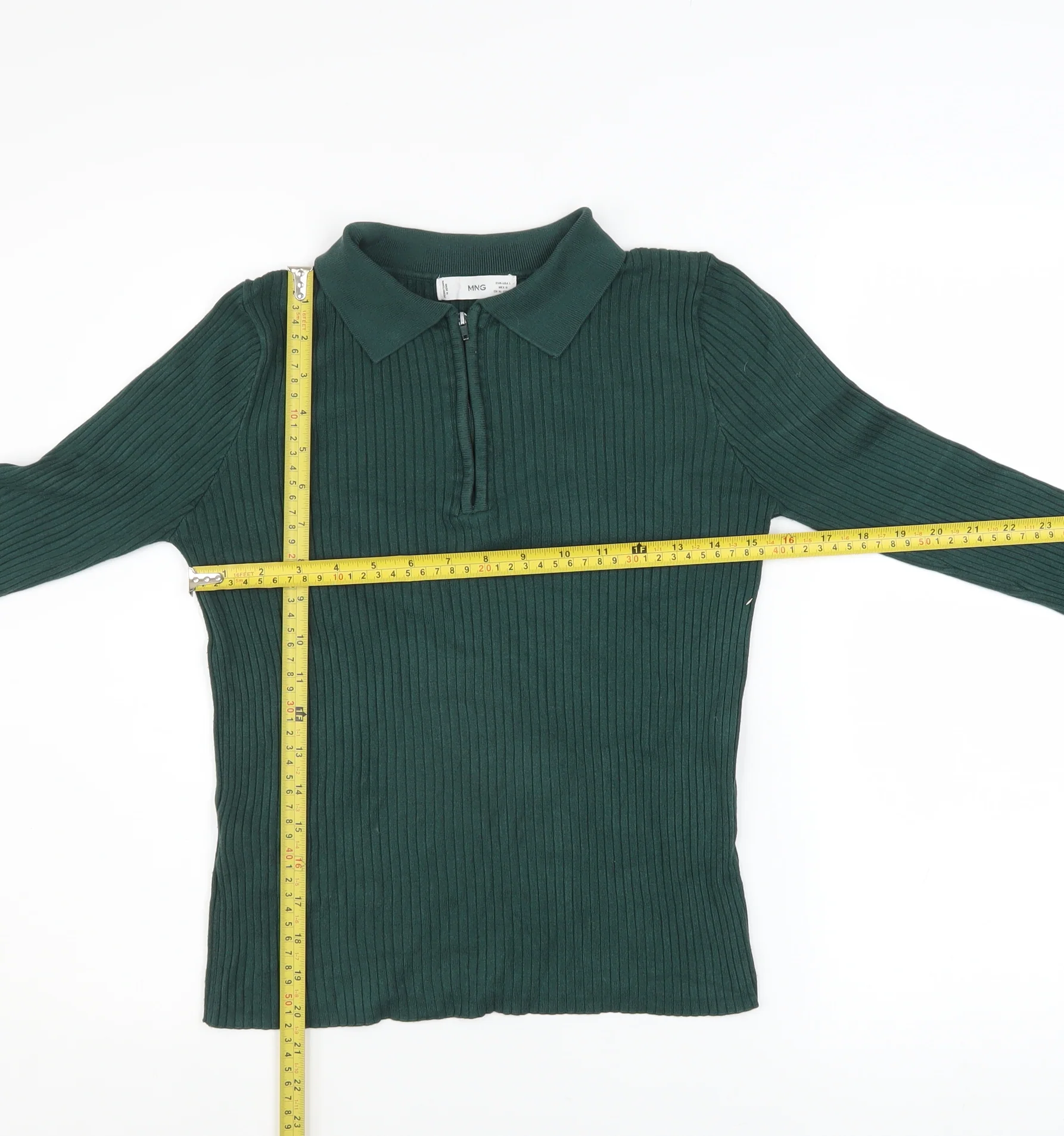 Mango Women's Green Collared Ribbed Henley Jumper Size 14 - Image 2