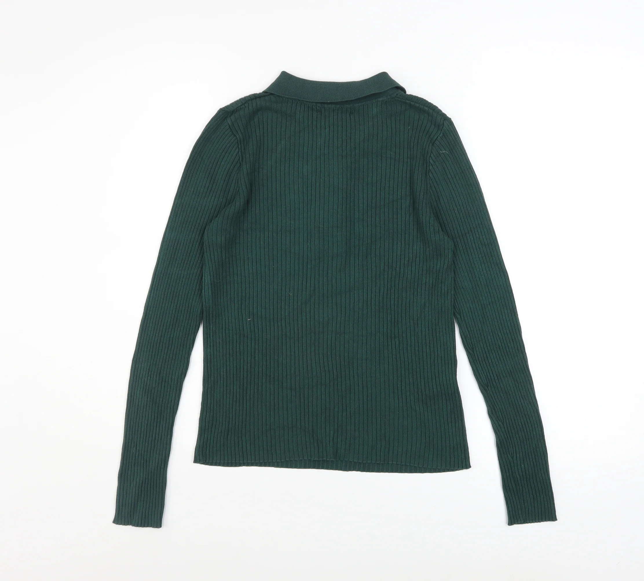 Mango Women's Green Collared Ribbed Henley Jumper Size 14 - Image 3