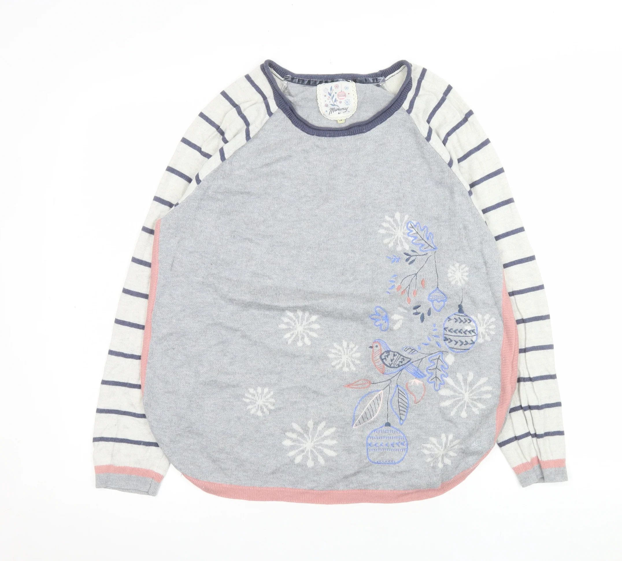 Mantaray Womens Grey Size 14 Embroidered Bird Pullover Jumper