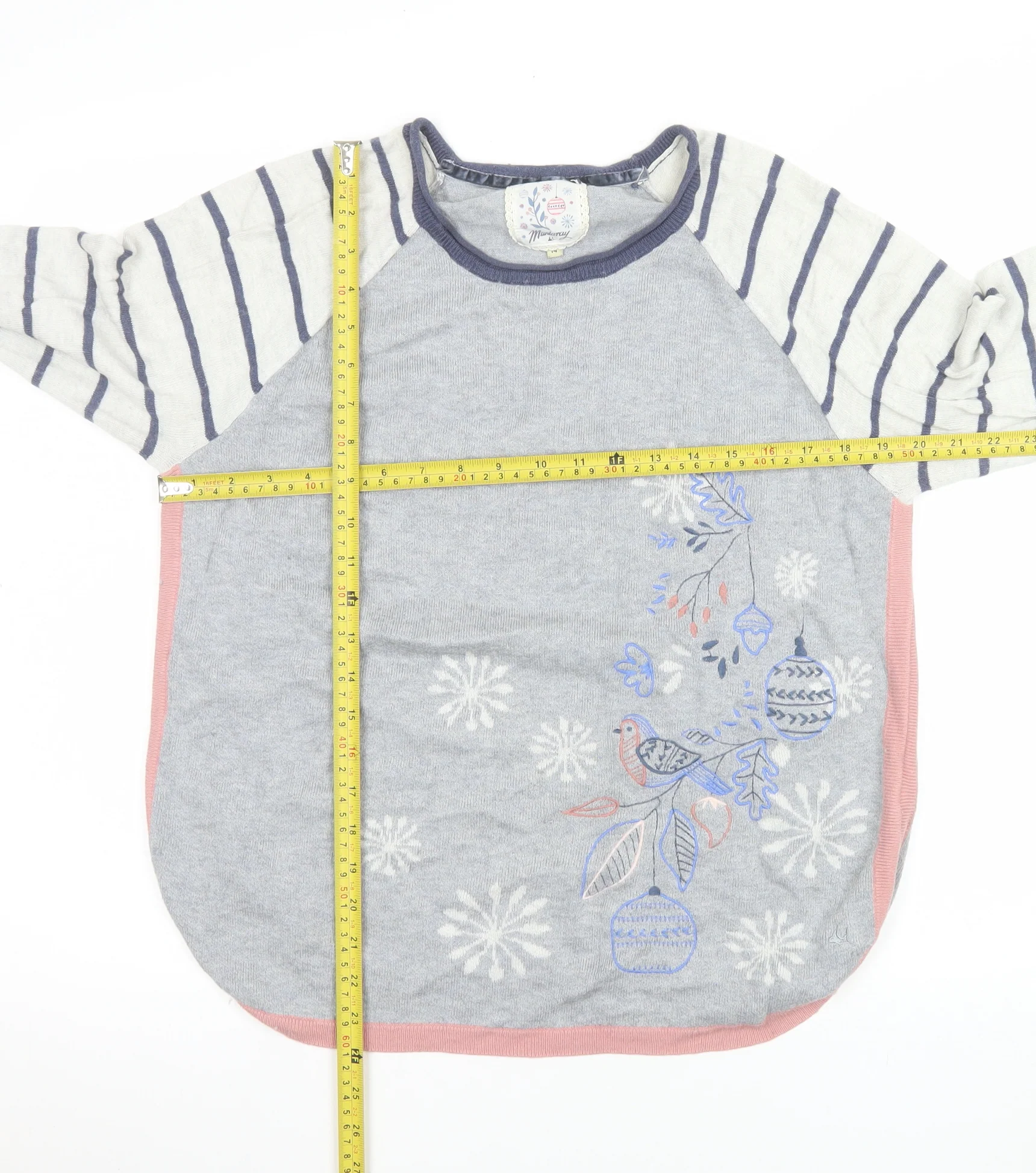 Mantaray Womens Grey Size 14 Embroidered Bird Pullover Jumper - Image 2