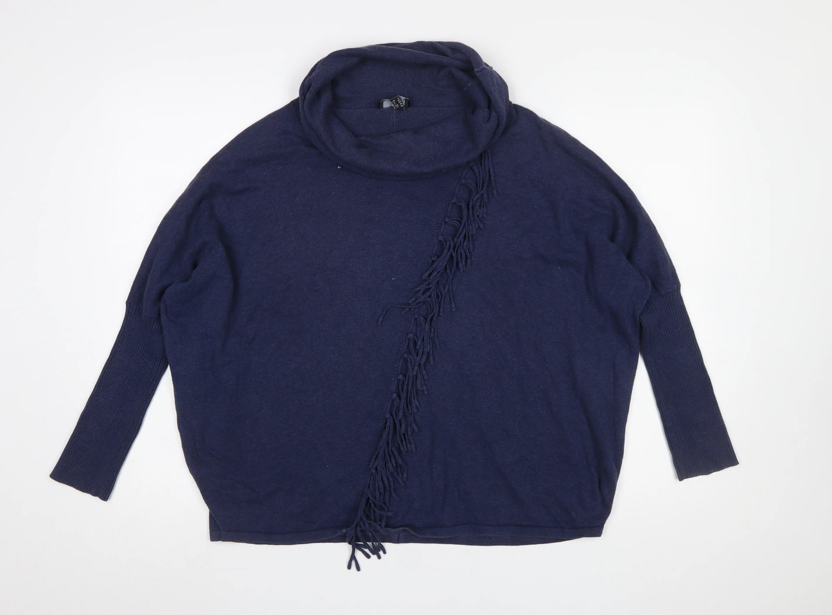 Marble Women Blue Cotton Cowl Neck Fringe Pullover Jumper Size 14